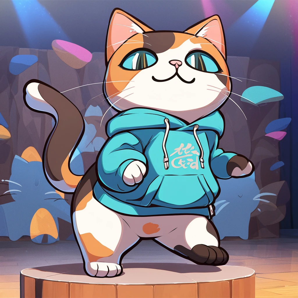 The calico cat wears a turquoise blue hoodie at stage art