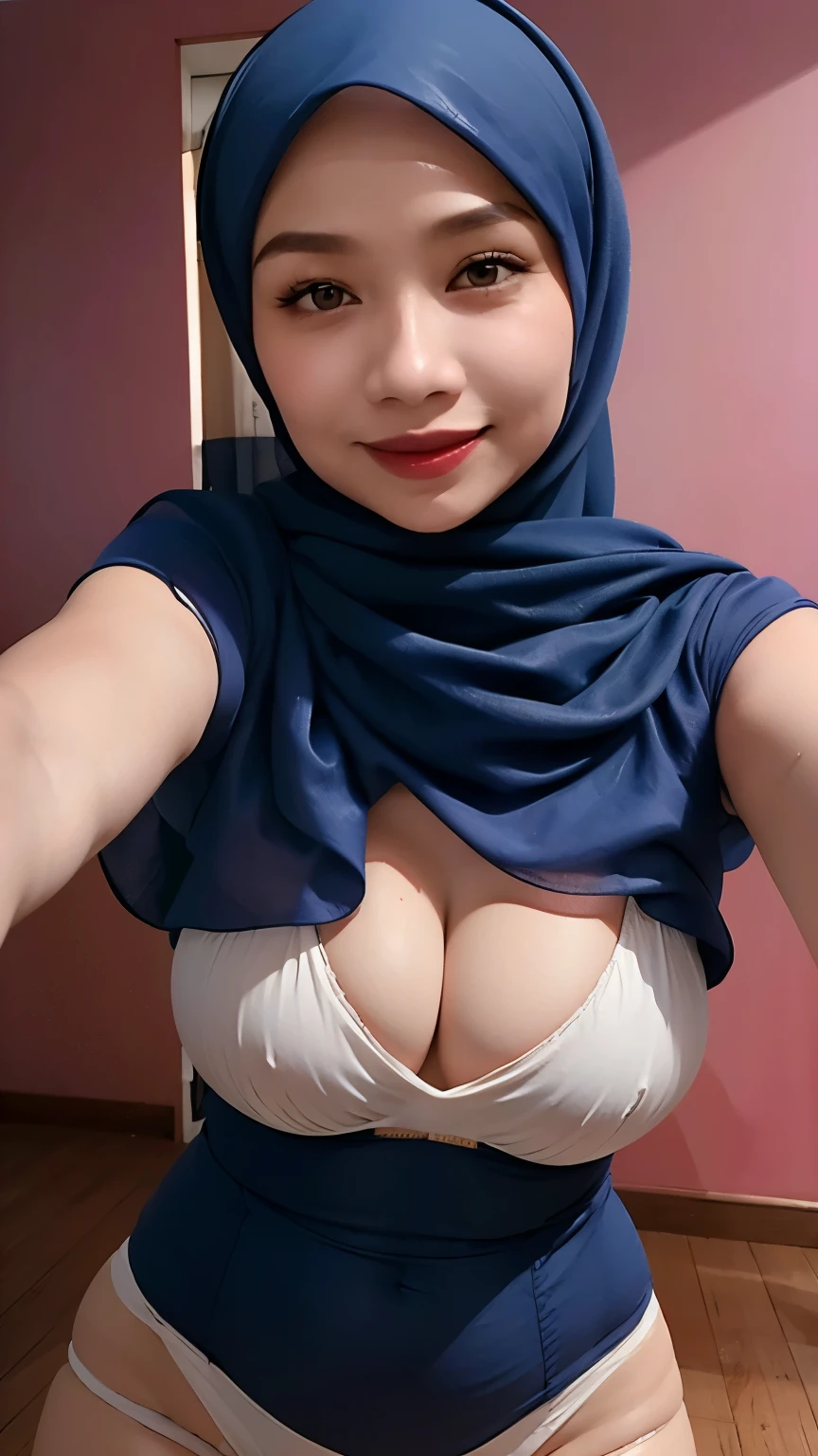 Beautiful Woman、hijab, malaysian girl, realistic, ultra detailed face, 8K, hd image, selfie、a room, white room, cute face, beautiful, alone, blue outfit, full body, cute, cleavage, sharp nose, middle size breasts, no pants, short shirt, no panties, thigh gap