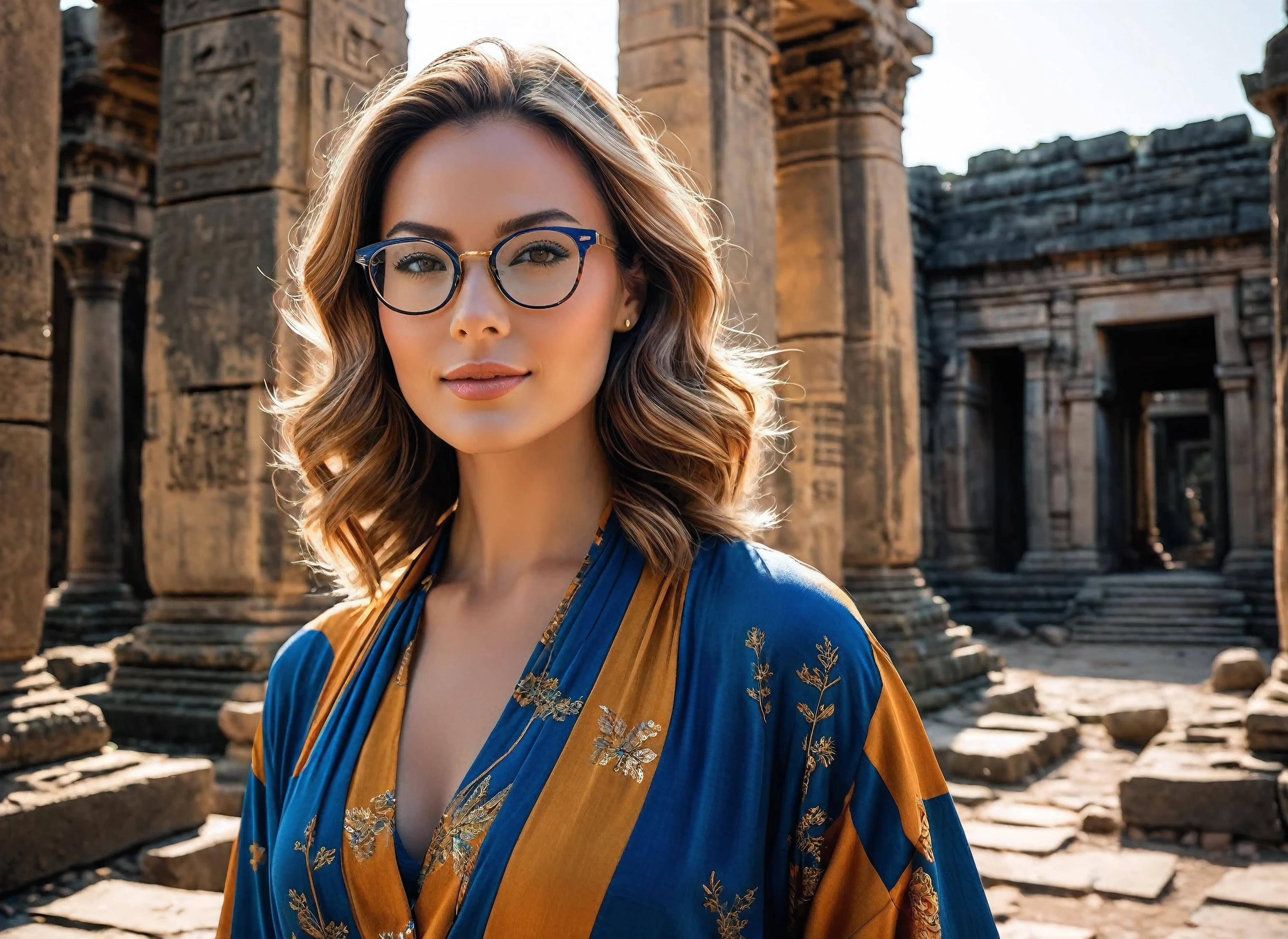 "A charming woman, with elegant posture and incomparable beauty, wearing prescription glasses. Her soft dimples and realistic expression lines add authenticity. Her skin is illuminated by the sun's rays, highlighting her beauty. Wearing long, colorful mixed clothes. In the background, ruins of an ancient temple with multiple entrances, almost in ruins, surrounded by dense, branching vegetation. A lone tree complements the scene. To capture this extraordinary scene, a high-resolution camera, such as the Phase One XF IQ4 150MP, is required. ability to capture light in adverse conditions. Diffuse natural lighting, minimizing harsh shadows. Camera settings include medium aperture, adjusted shutter speed and low ISO. The model is central, standing, with a rich color palette of blue and tones. gold. Use a high-quality wide-angle lens with a focal length of approximately 35mm to capture the entire scene immersively. Sharp, precise details are captured, from wavy hair to intricate clothing patterns, ensuring a stunning, natural image. "