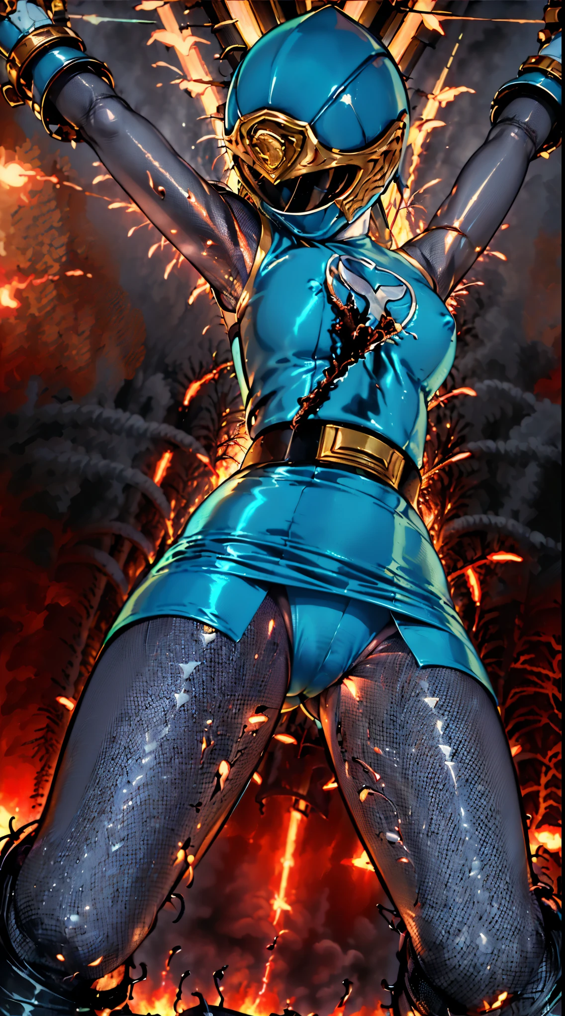 (Numerous award-winning masterpieces, with incredible detail, textures and maximum detail), (hyper realistic:1.4), ((1 girl in)), Solo, ((Full face helmet with no exposed face and head hair)), hurricane blue, (Thick and intricate lines drawn on the chest:1.1), Lines on the sides of the suit, a belt, The suit is blue with long gloves and boots are white, ultra miniskirt, (Very shiny helmet and suit), ((Three-dimensional helmet)), distinct fishnet tights, Highly detailed CG Unity 8K wallpaper, masutepiece,Best Quality, 超A high resolution,4K,Ultra-detailed, Photography, 8K, hight resolution, absurderes:1.2, Kodak Portra 400, Film grain, Lens Flare,professional photograpy, (((violent action))), (((Anatomically correct))), H cup large breasts, (((erected nipples:1.2))), looking up, (((lean back))), (((spread legs:1.5))), (((exploding into dust, sparks fly from the breasts:1.3))), (((damaged the suit:1.2))), nsfw, choking, raised arms, (((pitch black darkness))), (((eerie swamp))), close up, (((low angle))), (((xcross:1.3))), (((crucifixion:1.4))), full body
