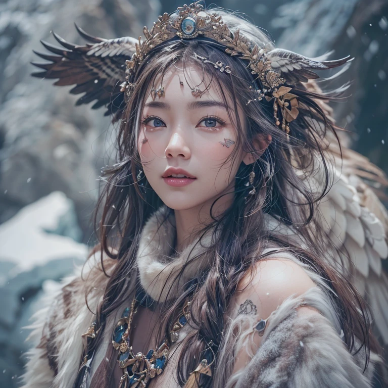 Hiding in the snowy mountains、Hair flow、 ((highest quality、masterpiece、8k、Best image quality、Ultra-high resolution、Award-winning works)、(Accurate ???????:1.1)、(Look at me and smile:1.1)、Shining fair skin with Ultra-high resolution、The most detailed face、Ultra-high resolution detailed face、Ultra-high resolutionの髪の毛、(Ultra-high resolutionの煌めく瞳:1.1)、Beautiful face drawn in every detail、(Blurred Background:1.1)、Ancient Inuit clothing, Chest to Chest, tattoo, Old ruins in the background、Apart from the real giant eagle