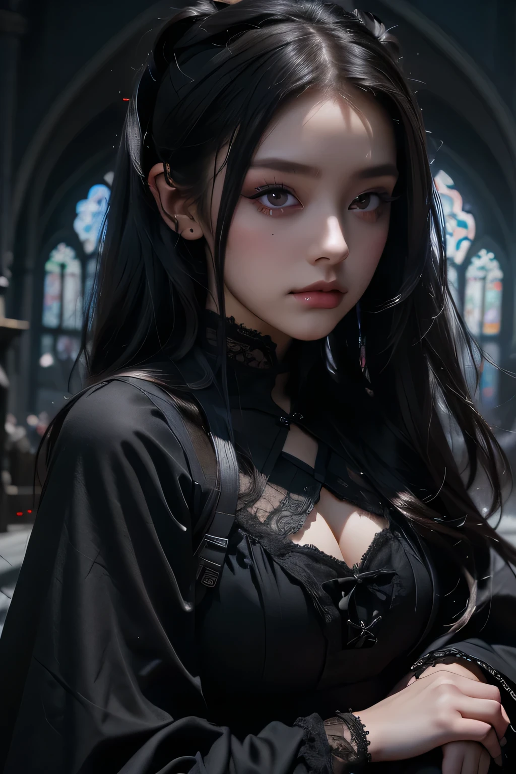 Beautiful 20 year old woman、 A peerless beauty, Extraordinary beauty, Enchanting, Dark Gothic Makeup, Bell Sleeves、Wizard Sleeve, Black maid outfit、Dark Gothic、Long dresses、Gothic ta, garter belt、Knee-high socks、pantyhose, Black ribbon on twin tails、Black dark eyeshadow、Visual Lock、Good skin radiance、Lace pink、Long Hair Straight Hair、Dark Gothic Makeup, Black hair color, Deep Night Sky, Inside the church, Stained Glass Background, masterpiece, 最high quality, high quality, High resolution, Gothic Loli(((Upper body portrait)))