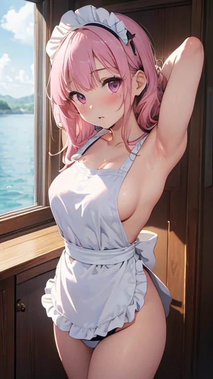 masterpiece、highest quality、Very detailed、Photograph the upper body、1 female、(Arms behind your back:1.4)、Are standing、Turn your body forward、View your viewers、(White prim、Maid:1.1、School Swimsuit:1.1、Waist Apron)、blush、shy、Pink Hair、Open your mouth、Ocean、Big Breasts、