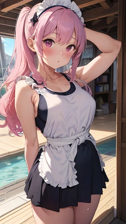 masterpiece、highest quality、Very detailed、Photograph the upper body、1 female、(Arms behind your back:1.4)、Are standing、Turn your body forward、View your viewers、(White prim、Maid:1.1、School Swimsuit:1.1、Waist Apron)、blush、shy、Pink Hair、Open your mouth、Ocean、Big Breasts、