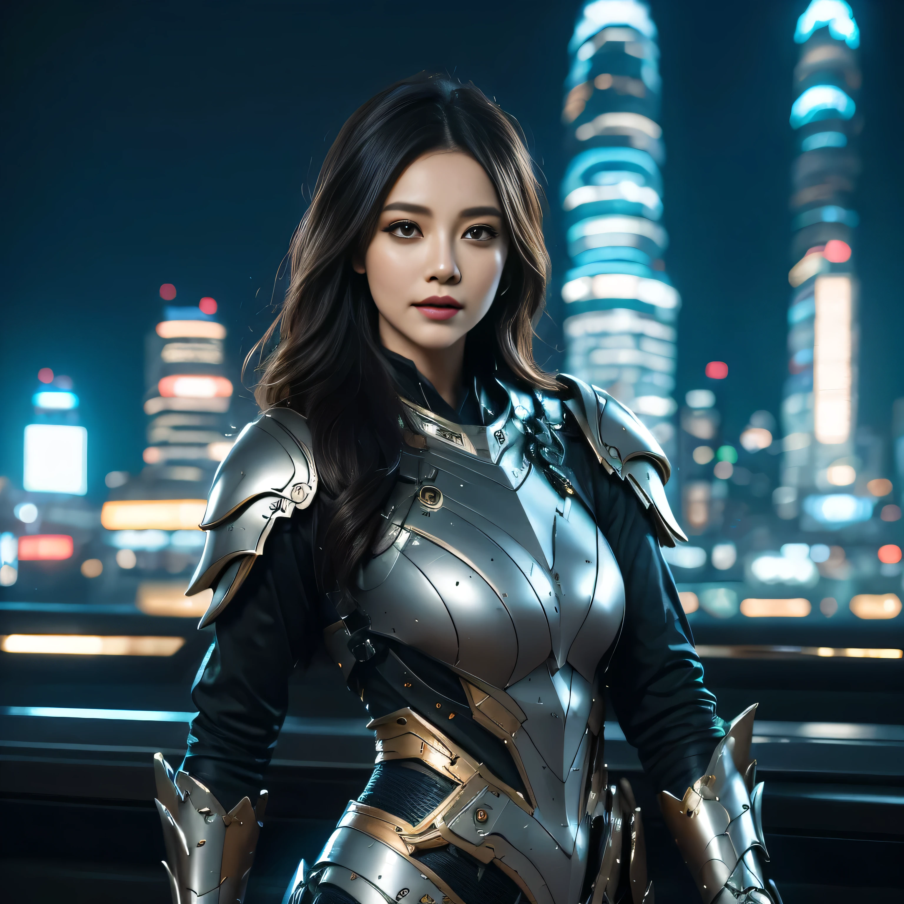 Futuristic Armored Busty Brunette In this image, a woman of robust stature and rich, dark hair cascading to her waist stands proudly. Her imposing figure is clad in a suit of armor that gleams with a futuristic allure, the metallic surface reflecting the lights of an unknown cityscape in the background. Her eyes, filled with determination, are the focal point of her visage, both piercing and enchanting. She is the epitome of strength and beauty in a sci-fi fantasy world.