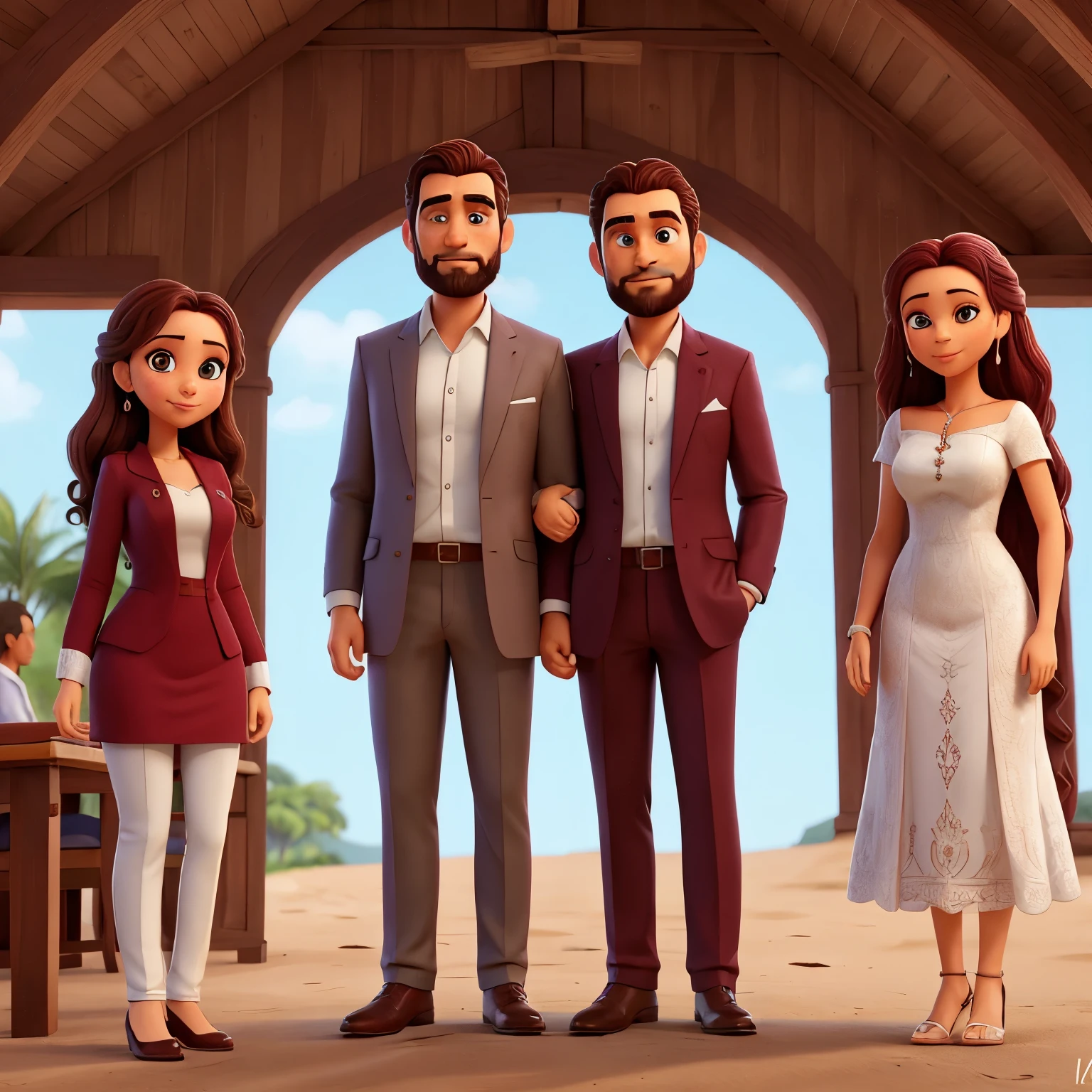 Casal se olhando, mulher com vestido de noiva branco cabelo e olho castanho iguais e pele branca. Man in burgundy suit, cabelo barba bigode e olho castanho igual e pele branca.