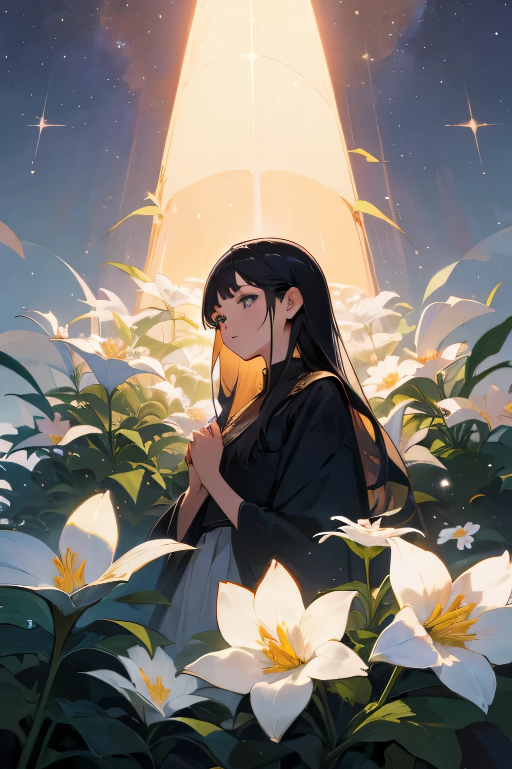 you picture highest, expensive_undo, clear_picture, Detailed background, girl, flower, garden, starry sky,