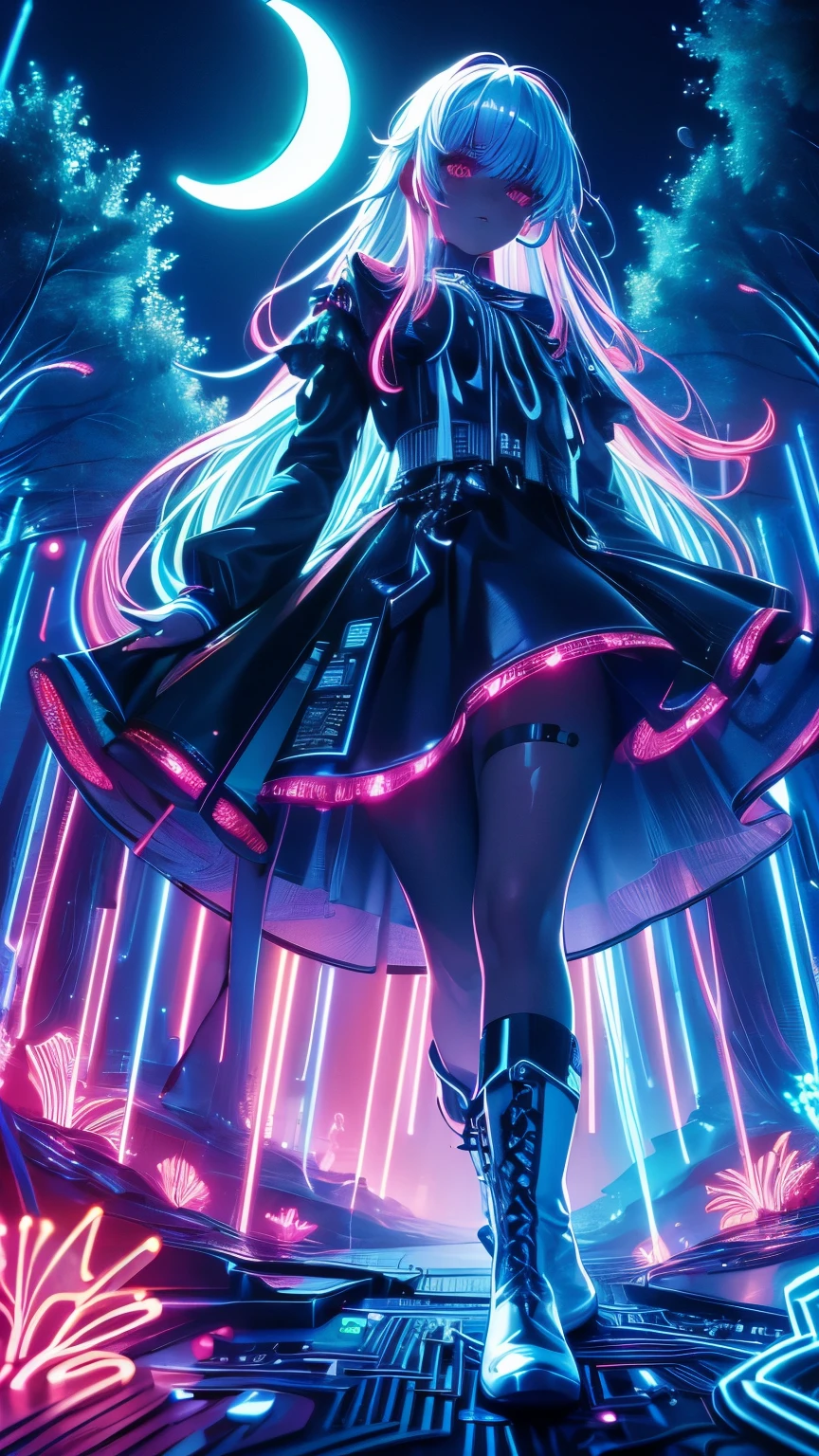 (Neon lights),circuit boards, skin girl, colorful clothes, long-sleeves puffy shirt, tulle skirt, white boots, forest at night, moonlight, giant moon, darkness, view from below, (UHD, masterpiece, ccurate, anatomically correct, textured skin, super detail, high details, award winning, best quality, 8k)