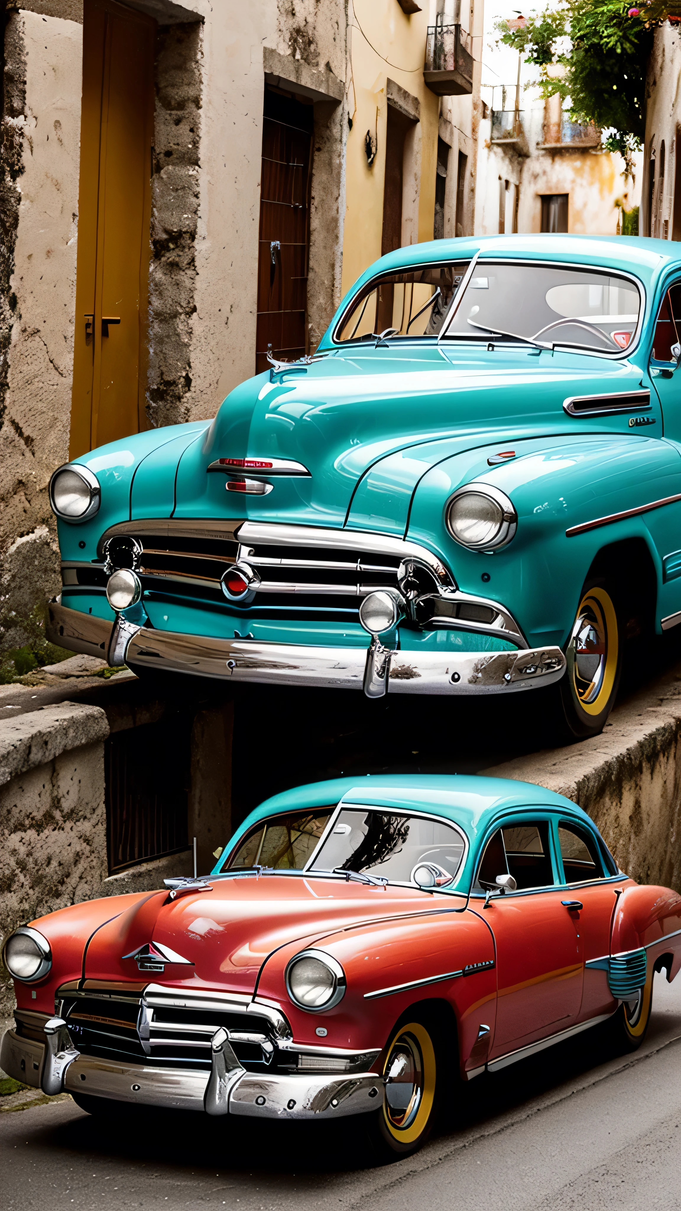 A 1950s classic car, with its vibrant turquoise and coral paint job, cruises leisurely through a residential area of colorful pastel houses reminiscent of the Bahamas, Cuba. The sun casts a warm, golden glow on the scene, with volumetric lighting accentuating the car's sleek design. The car's shiny chrome grill and polished wheels gleam under the soft, natural light. The car's interior, kept in pristine condition, houses a vintage radio playing Cuban salsa music. The photo, taken in high definition, captures the car's journey through the narrow, picturesque streets lined with flourishing