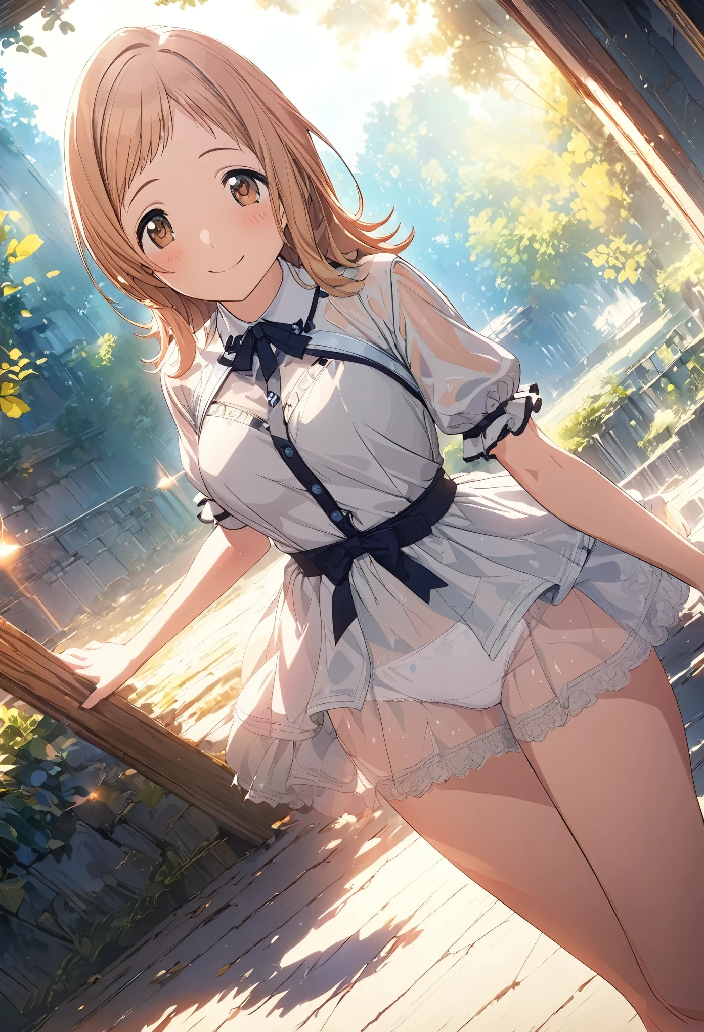 anime, (masterpiece), (best quality), (ultra-detailed), (best illustration), (best shadow), (absurdres), (detailed background), (very aesthetic), shiny, detailed beautiful eyes, outstanding, countershading, detailed soft lighting, an exquisite animation illustration, 8k, 32k, high resolution, unity 8k wallpaper, illustration, anime style, perfect lighting, extremely detailed CG, mano sakuragi, dress, idol, blush, embarrassing, kind smile, white panties, (see-through, see-through clothes, see-through dress, see-through shirt), accidental exposure,