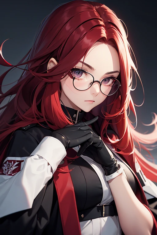 1girl, woman, solo, long hair, big hair, (forehead:1.2), (round glasses), black eyes, scarlet red hair, medium breasts, (overcoat, black coat, open coat), white shirt, black leather shorts, gloves, ((from below)), cute, looking at viewer, standing, chromatic aberration, (close-up to face), face only masterpiece, best quality, 4k