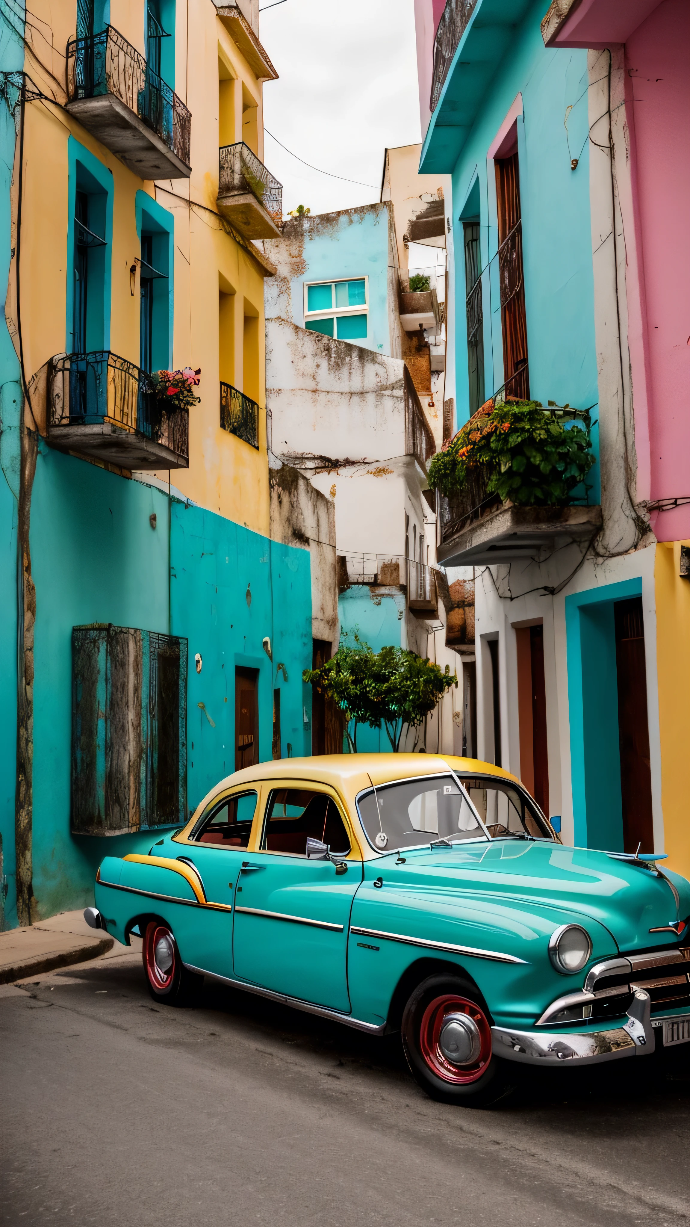A 1950s classic car, with its vibrant turquoise and coral paint job, cruises leisurely through a residential area of colorful pastel houses reminiscent of the Bahamas, Cuba. The sun casts a warm, golden glow on the scene, with volumetric lighting accentuating the car's sleek design. The car's shiny chrome grill and polished wheels gleam under the soft, natural light. The car's interior, kept in pristine condition, houses a vintage radio playing Cuban salsa music. The photo, taken in high definition, captures the car's journey through the narrow, picturesque streets lined with flourishing
