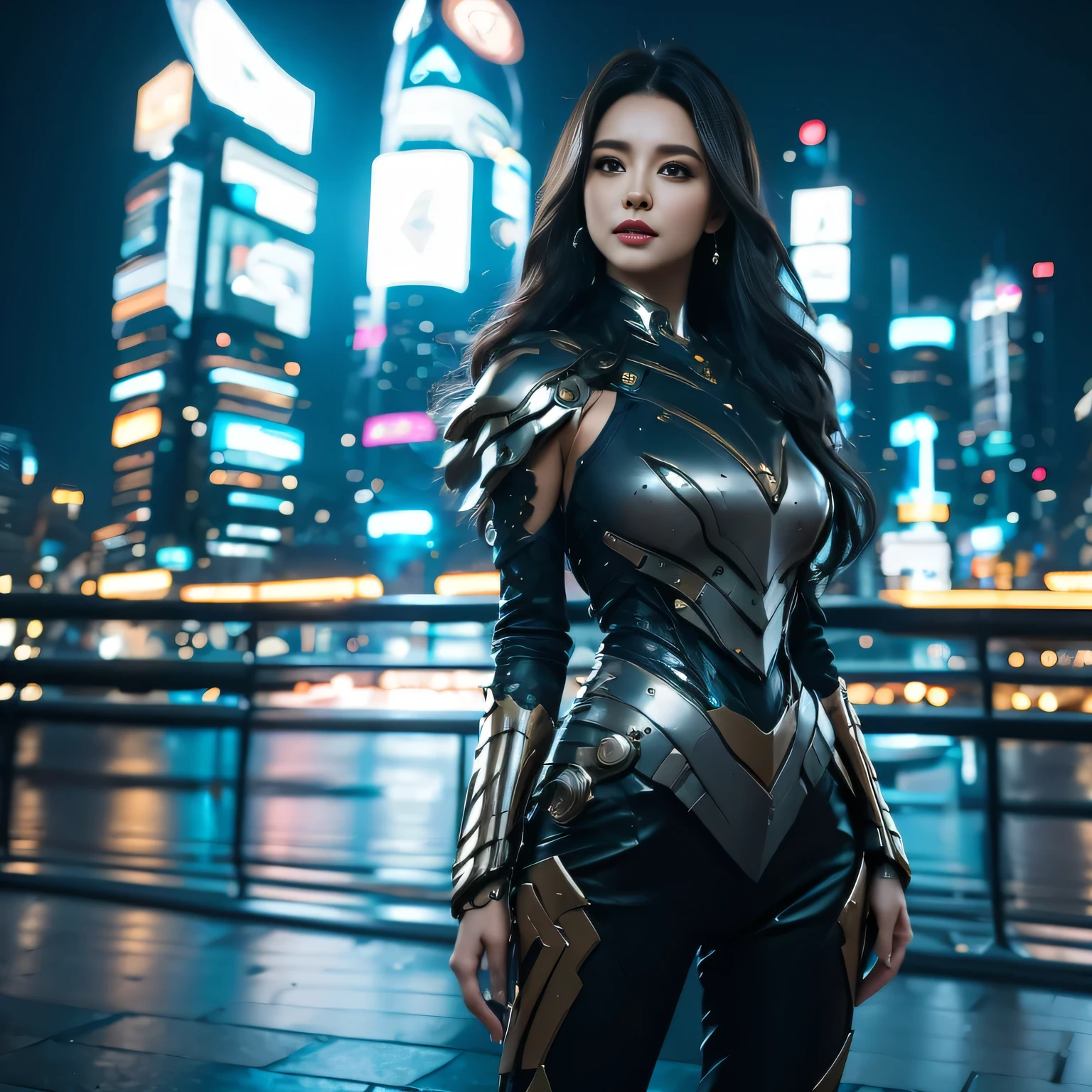 Futuristic Armored Busty Brunette In this image, a woman of robust stature and rich, dark hair cascading to her waist stands proudly. Her imposing figure is clad in a suit of armor that gleams with a futuristic allure, the metallic surface reflecting the lights of an unknown cityscape in the background. Her eyes, filled with determination, are the focal point of her visage, both piercing and enchanting. She is the epitome of strength and beauty in a sci-fi fantasy world.