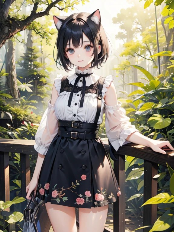 masterpiece, highest quality, Very detailed, 16k, Ultra-high resolution, Cowboy Shot, One ****************, Detailed face, Perfect Fingers, Cat ears, Long tail, black eye, Black Hair, short hair, one piece, in the forest, During a walk