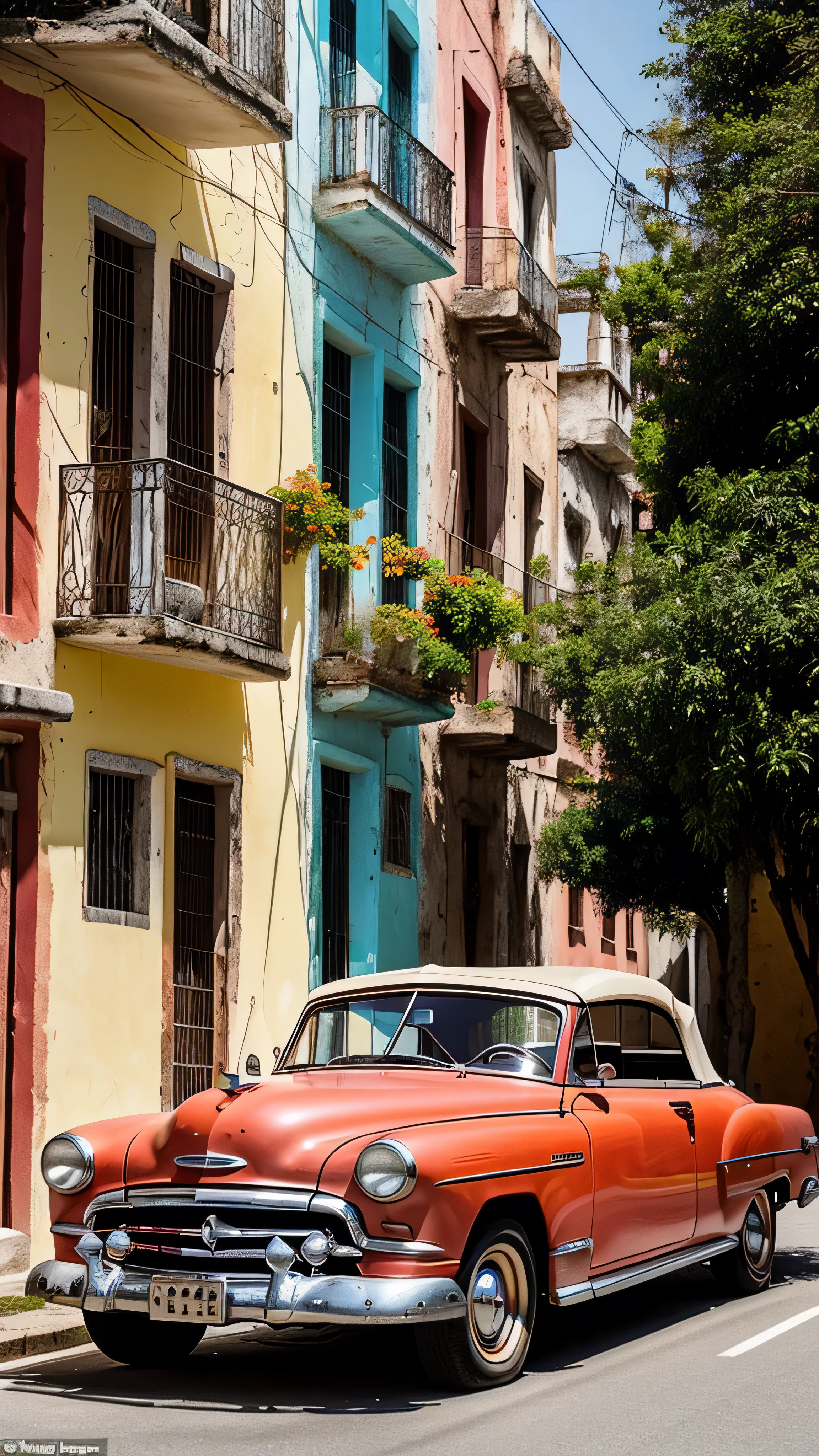 A classic convertible from the 1950s, adorned with vibrant coral paintwork, navigates a residential area reminiscent of the Bahamas in Cuba. The sun casts a warm, golden glow, volumetric lighting highlighting the car's sleek design, its shiny chrome grille and polished wheels shining brightly in soft natural light. The interior of the car has been meticulously maintained, preserving its pristine condition. A vintage radio plays Cuban salsa music as the photos, capturing a car journey through narrow, picturesque streets lined with colorful, pastel-colored houses, are taken in high resolution, showcasing a serene and