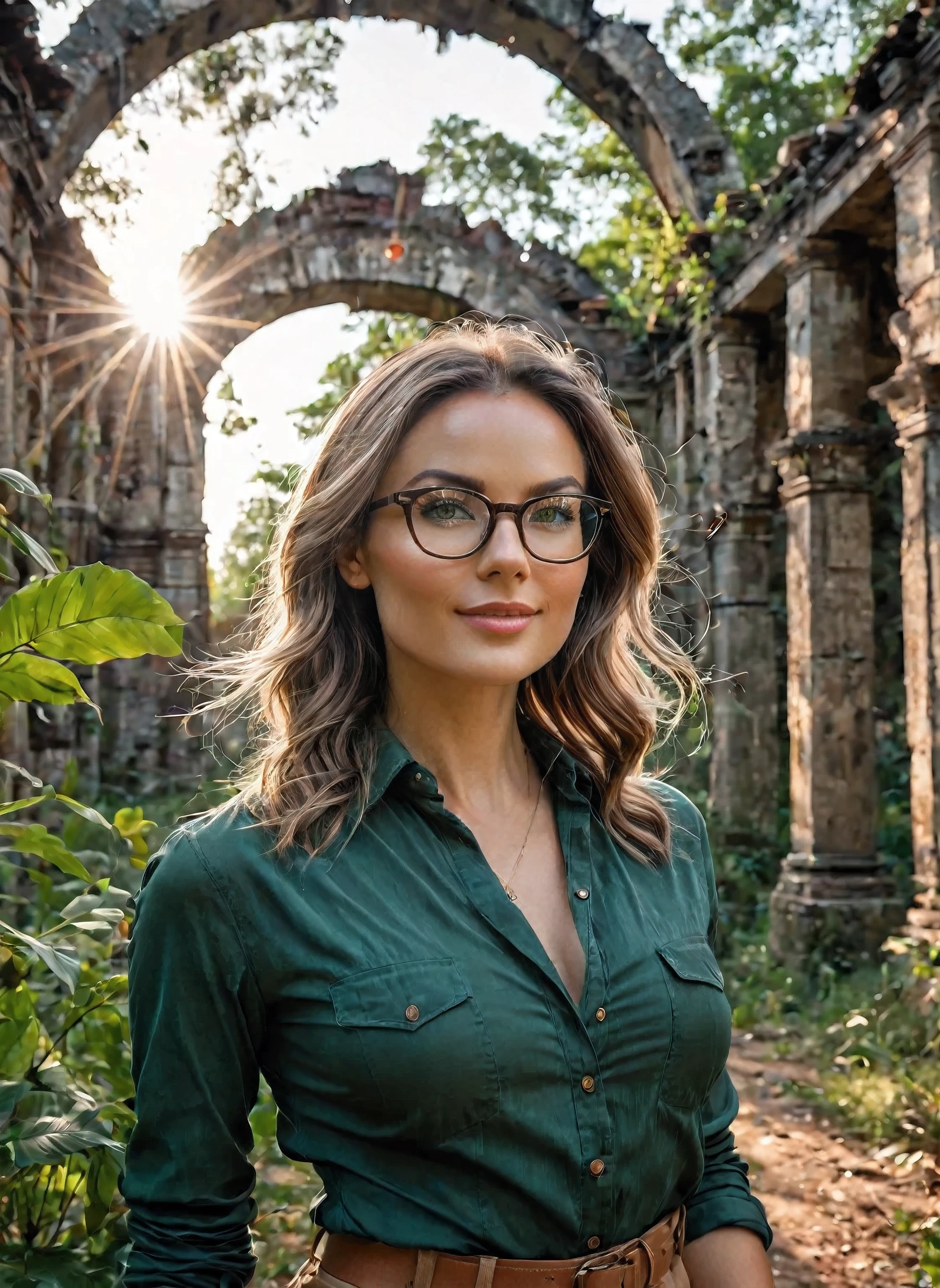 "A charming woman, with an elegant posture and incomparable beauty, wearing prescription glasses. Her soft dimples and realistic expression lines add authenticity. Her skin is illuminated by the sun's rays, highlighting her beauty. Wearing long, sophisticated clothes. In the background, a local with a rustic structure with multiple entrances, almost in ruins, surrounded by dense and branched vegetation. To capture this extraordinary scene, a high-resolution camera is required, such as the Phase One XF IQ4 150MP. capture light in harsh conditions. Diffuse natural lighting, minimizing harsh shadows. Camera settings include medium aperture, adjusted shutter speed, and a high-quality wide-angle lens with a focal length of approximately 35mm to capture the entire scene. in an immersive way. Sharp, precise details are captured, from wavy hair to complex clothing patterns, ensuring a natural and stunning image. "