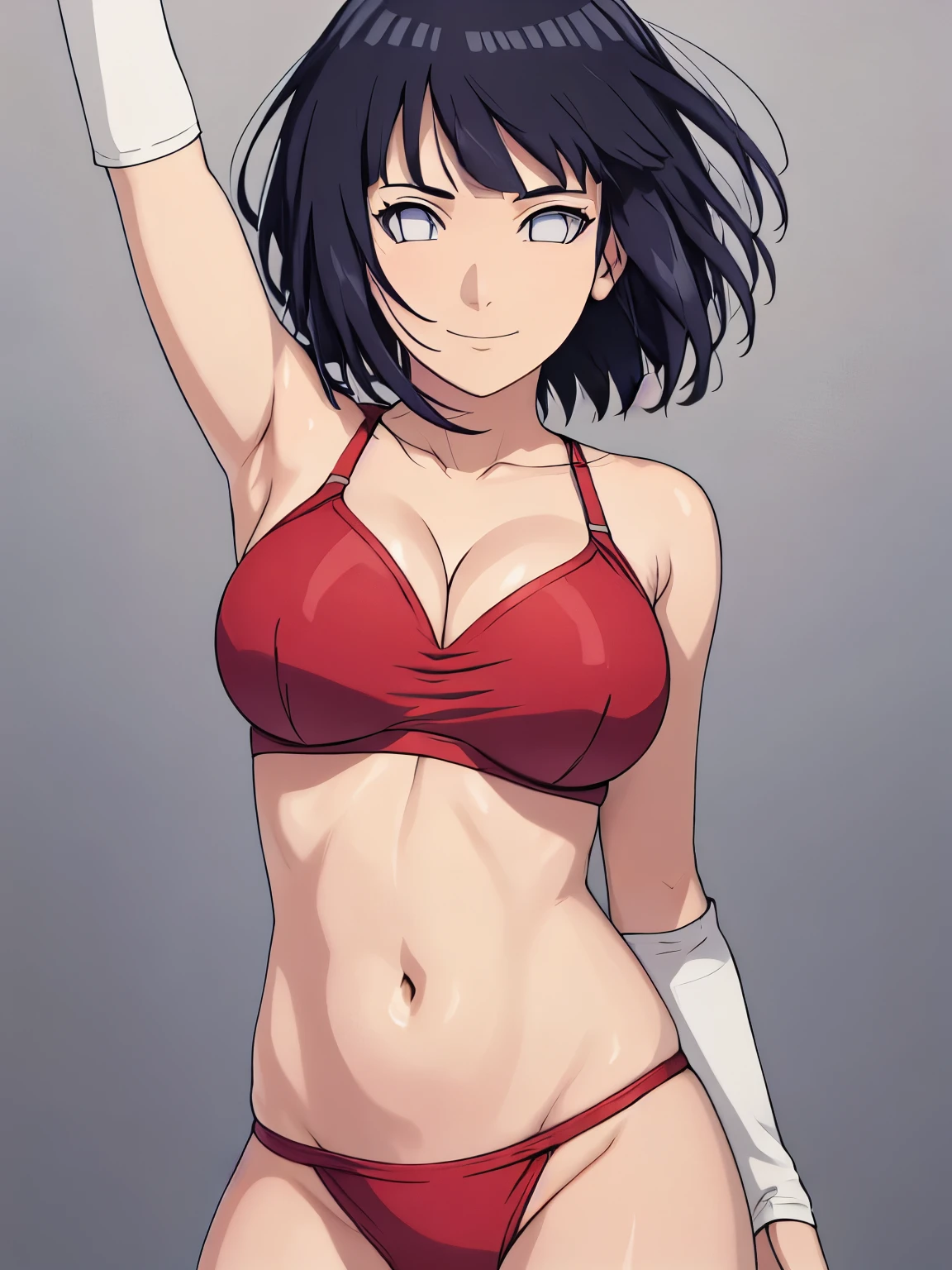 (hinata\(boruto\), (high quality, anime, cowboy shot), ((wrestling gear: red plain bra for wrestling, black tight armband, black thong for wrestling)), ((slender woman, off-shoulders, (long belly), thick arms, super detailed body, smile)), ((stretching, one arm up)), (medium-big breasts, cleavage), closed mouth), tan skin, ((floating hair, dark blue, short hair, hime cut، loose hair), (background: simple white background only), (background: simple white background only, windy), (background: simple white background only)