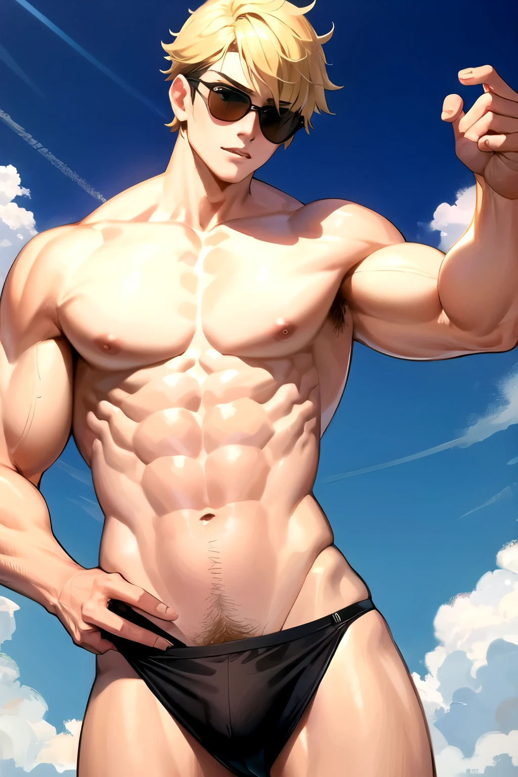 Rapaz, gay, branco, medium blonde hair, bochecha ruborizada, aviator sunglasses, musculoso, y, coxas grossas, coxas musculosa e definida, big, queixo quadrado , masculino, guy, hairless , Sweet, short azul e branco 