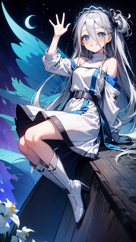 "(highest quality,High resolution:1.2), Cute Smile, Unusual Point of View, White sweater, Medium Shot, Separation Color, shoulder, Blushing, (Gray Hair), White gloves, White boots, blue iris"，star空の背景，star