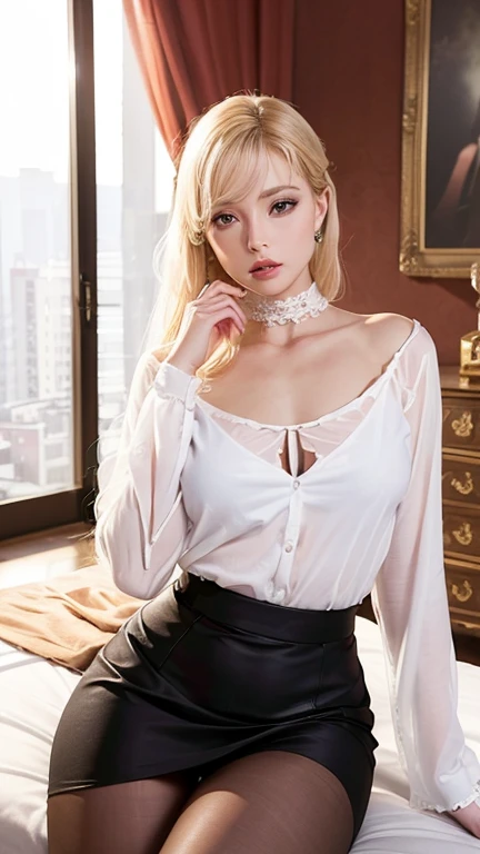 ((Top Quality、16K、​masterpiece:1.3))、a tall and beautiful woman、Perfect Figure:1.4、(dream aesthetic) Slim Abs, hot girl (goth girl) solo, long pale-blond (very pale), pale hair with fringe, turquoise-blue eyes, pale-white skin (highlighted, realistic shading)、huge bust、Highly detailed facial and skin texture、(A detailed eye, Symmetry Eyes, Clear realistic eyes, Double eyelidd、Cold-stricken face、Symmetrical face), very  realistic skin, goth makeup, Royal sisters full of fans、The Telegraph Esbian、peach buttocks, white women's shirt, mini-skirt, tights,  squart、(Raw foto:1.2)、((Photorealcitic:1.4))Top Quality、​masterpiece、Real Photography、very delicate and beautiful.、super detailed CG、Unity、8K photo wallpaper、delicate detail、best qualtiy、Highly detailed CG unity 16k wallpaper、absurderes、Incredibly Absurd、huge file size、extremely highly detailed、Hight Resolution、ighly Details、Beautiful detail girl、extremely beautiful eyes and face, cute eyes look、Facial light、cinematic lightings、(Proportional hips, thick thighs, beautiful legs, realistic pantyhose) 1girll、see -through, inside house (bedroom) 、ulzzang-6500、The Telegraph Esbian, different poses at different angles,