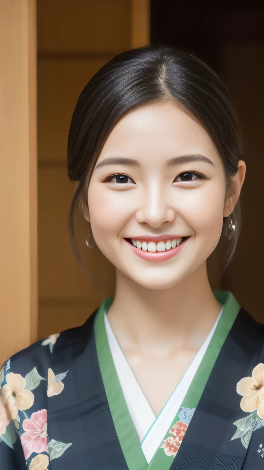 charming face of hostess、Floral Japan kimono、high quality、Surreal、healthy、Smiling face、Slim and perfect figure、Japanese Beauty、 Perfect Eyes、Beautiful Skin、Upper body、Shrines and temples