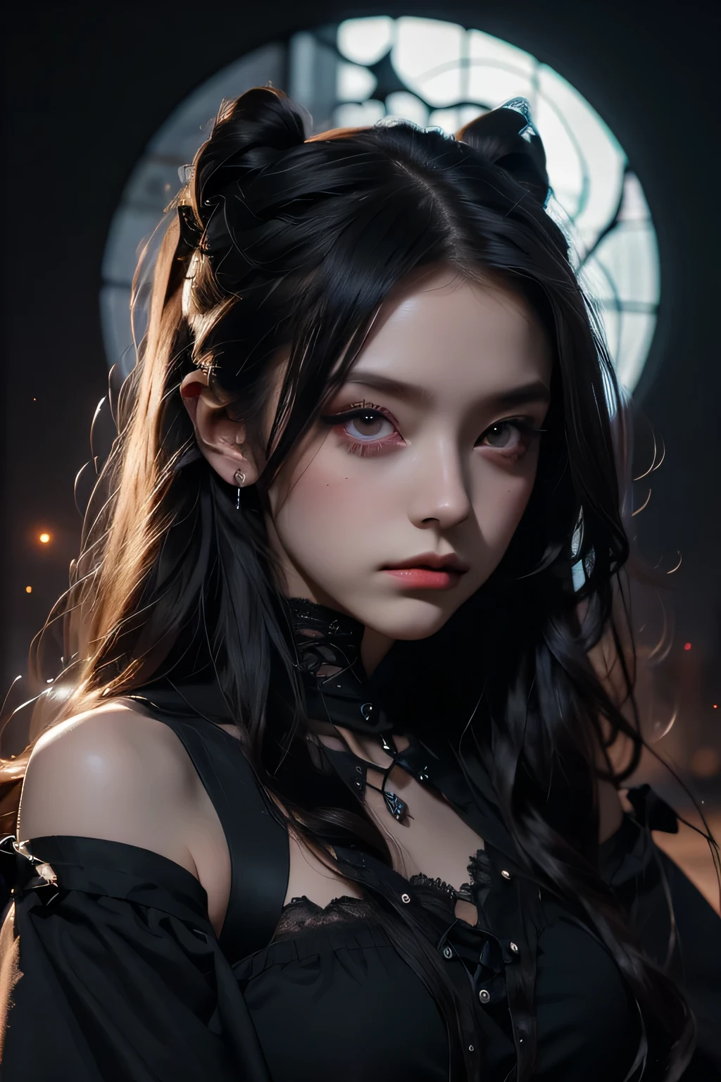 Beautiful 20 year old woman、 A peerless beauty, Extraordinary beauty, Enchanting, Dark Gothic Makeup, Bell Sleeves、Wizard Sleeve, Black maid outfit、Dark Gothic、Long dresses、Gothic ta, garter belt、Knee-high socks、pantyhose, Black ribbon on twin tails、Black dark eyeshadow、Visual Lock、Good skin radiance、Lace pink、Long Hair Straight Hair、Dark Gothic Makeup, Black hair color, Deep Night Sky, Inside the church, Stained Glass Background, masterpiece, 最high quality, high quality, High resolution, Gothic Loli(((Upper body portrait)))