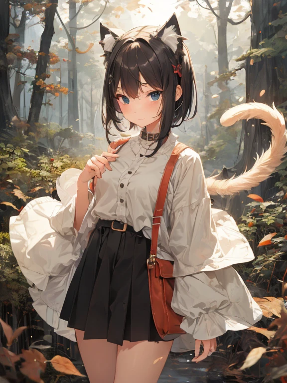 masterpiece, highest quality, Very detailed, 16k, Ultra-high resolution, Cowboy Shot, One -yeld gi Detailed face, Perfect Fingers, Cat ears, Long tail, black eye, Black Hair, short hair, one piece, in the forest, During a walk