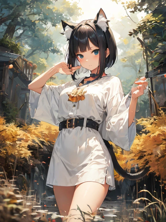 masterpiece, highest quality, Very detailed, 16k, Ultra-high resolution, Cowboy Shot, One -yeld gi Detailed face, Perfect Fingers, Cat ears, Long tail, black eye, Black Hair, short hair, one piece, in the forest, During a walk