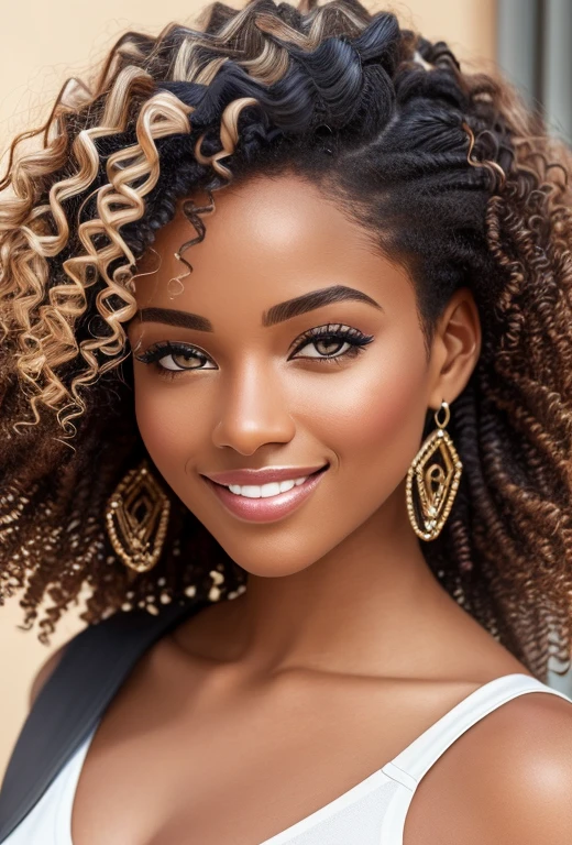 (best quality,4k,8k,highres,masterpiece:1.2),ultra-detailed,(realistic,photorealistic,photo-realistic:1.37),A beautiful black woman with curly hair, her honey skin glowing in the sunlight. She is wearing comfortable sportswear, reflecting her active lifestyle. The detailed depiction of her facial features captures the uniqueness of her beauty. Her captivating eyes are mesmerizing, adorned with long, curled eyelashes. Her plump and luscious lips have a natural shine, emphasizing her confident and radiant smile. The detailed rendering showcases the texture and volume of her hair, enhancing its natural curls. The artwork is created using a combination of digital painting and photography techniques. The lighting emphasizes her features and brings out the vibrant colors of the scene. The overall color palette is warm and inviting, with tones that accentuate her skin tone. The ultra-detailed representation brings out every intricate element, highlighting the passion and dedication put into crafting this masterpiece.