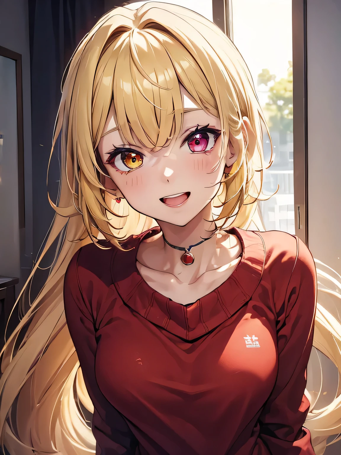 (masterpiece, best quality:1.4), 8k, Close Up side tail Hair, Young adult, anime girl, laughing, Teasing, light Red and Light Yellow different Eye Colours, Medium chest, Red Sweater, (detailed eyes and face, sharp pupils, realistic pupils:0.6)