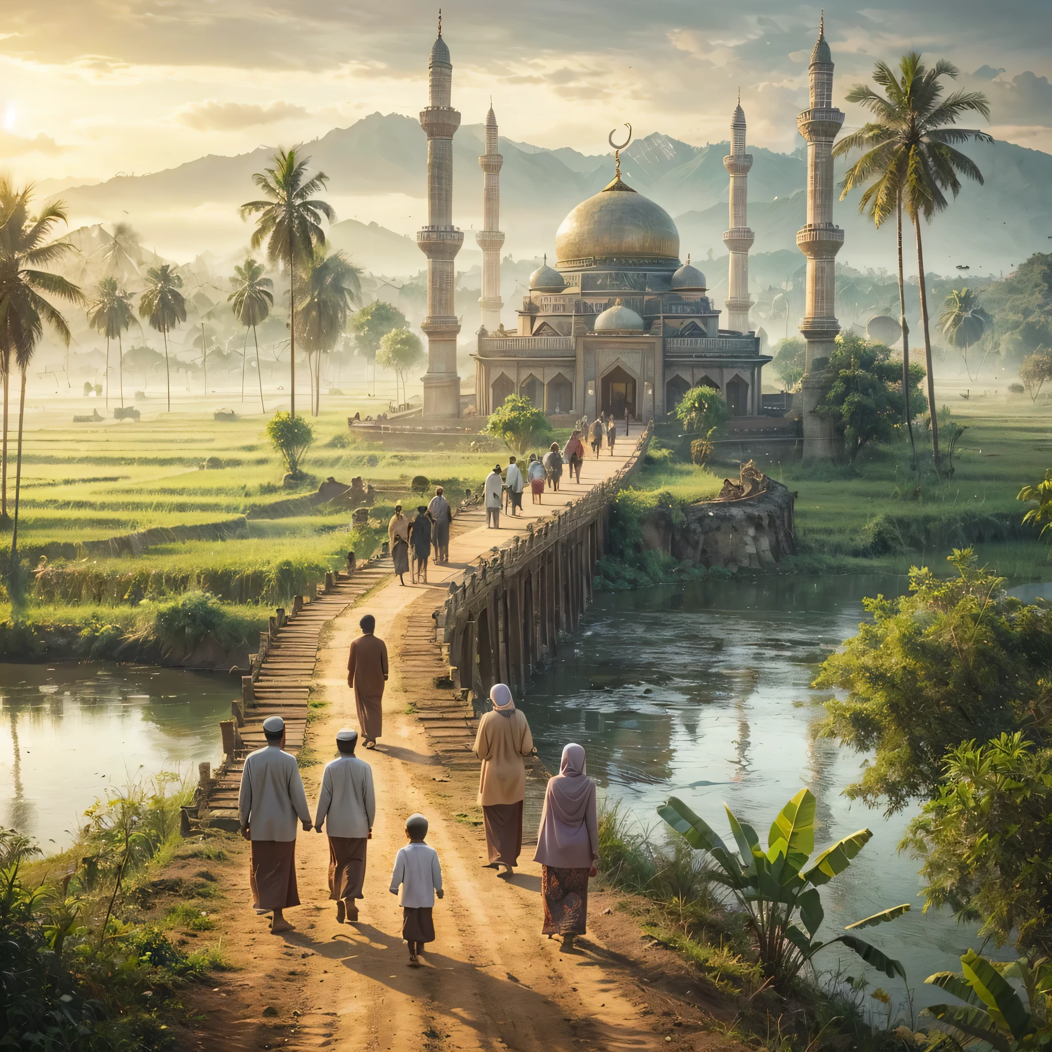a group of people walking down a dirt road, a detailed matte painting, by Rudy Siswanto, sumatraism, with beautiful mosques, an indonesian family portrait, islamic art, bridge between the worlds, andrey gordeev, blissful journey