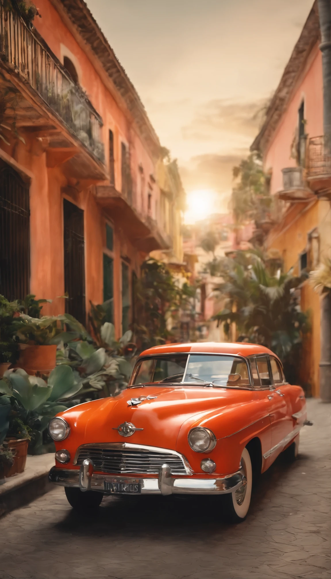 A classic 1950s convertible in vibrant coral paint.、Navigate Cuba's Bahamas-esque residential neighborhoods。The sunlight casts a warm golden glow、Body meter lighting enhances the car's sophisticated design、Shiny chrome grill、The polished wheels shine brightly in the soft natural light.。The interior of the car has been meticulously maintained.、It is in pristine condition。Vintage radio、Colorful pastel houses々The photos were taken in high resolution and captured the car journey through narrow, picturesque streets lined with、Plays gentle salsa music。