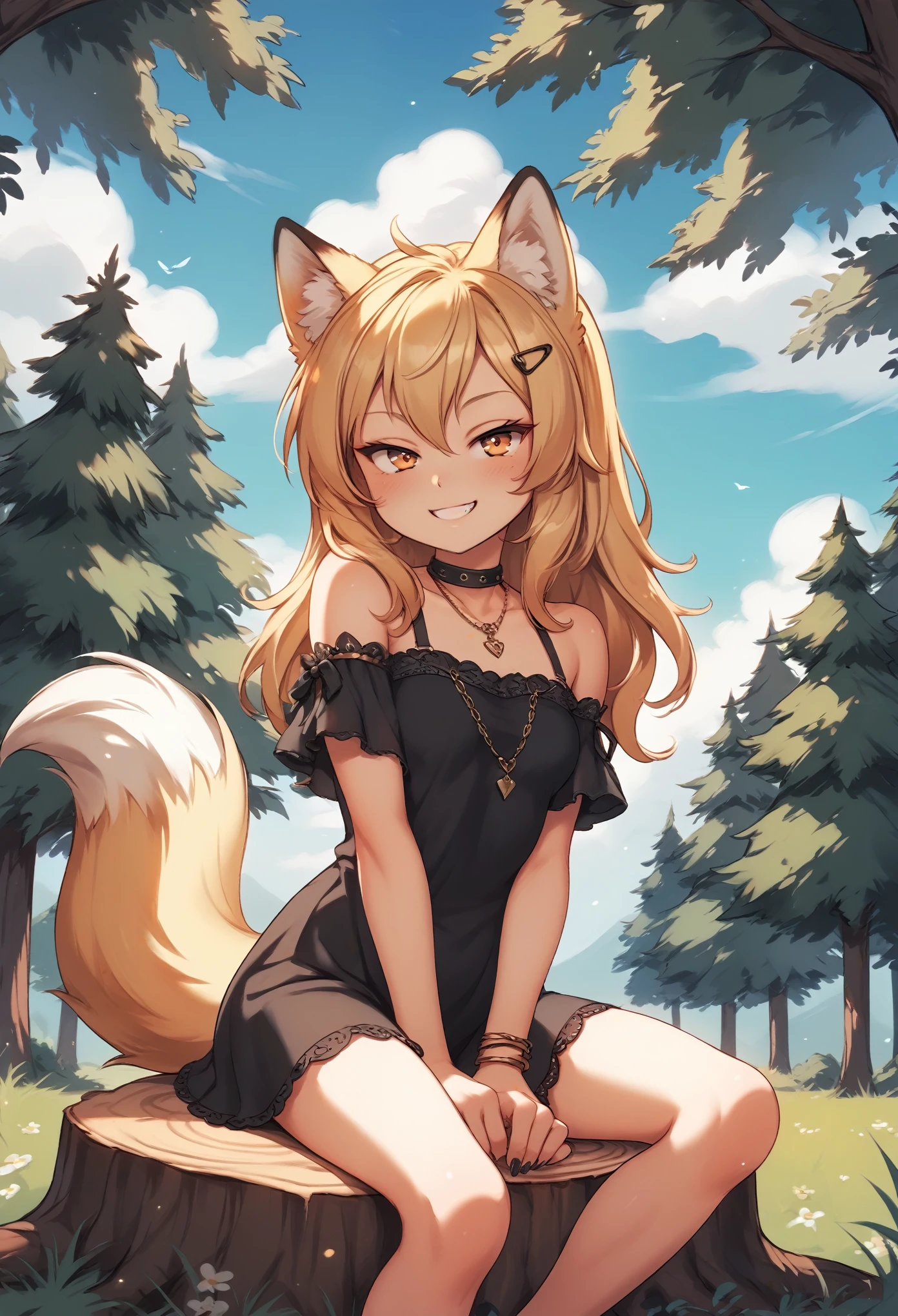 1girl, animal ears, animal_humanoid, canid_humanoid, fox_humanoid, wolf ears, wolf girl, small breasts, wolf tail, , BREAK
sitting, looking at viewer, (half-closed eyes), seductive smile, BREAK
day, bare tree, outdoors, tree, tree stump, BREAK
score_9, score_8_up, score_7_up, score_6_up,