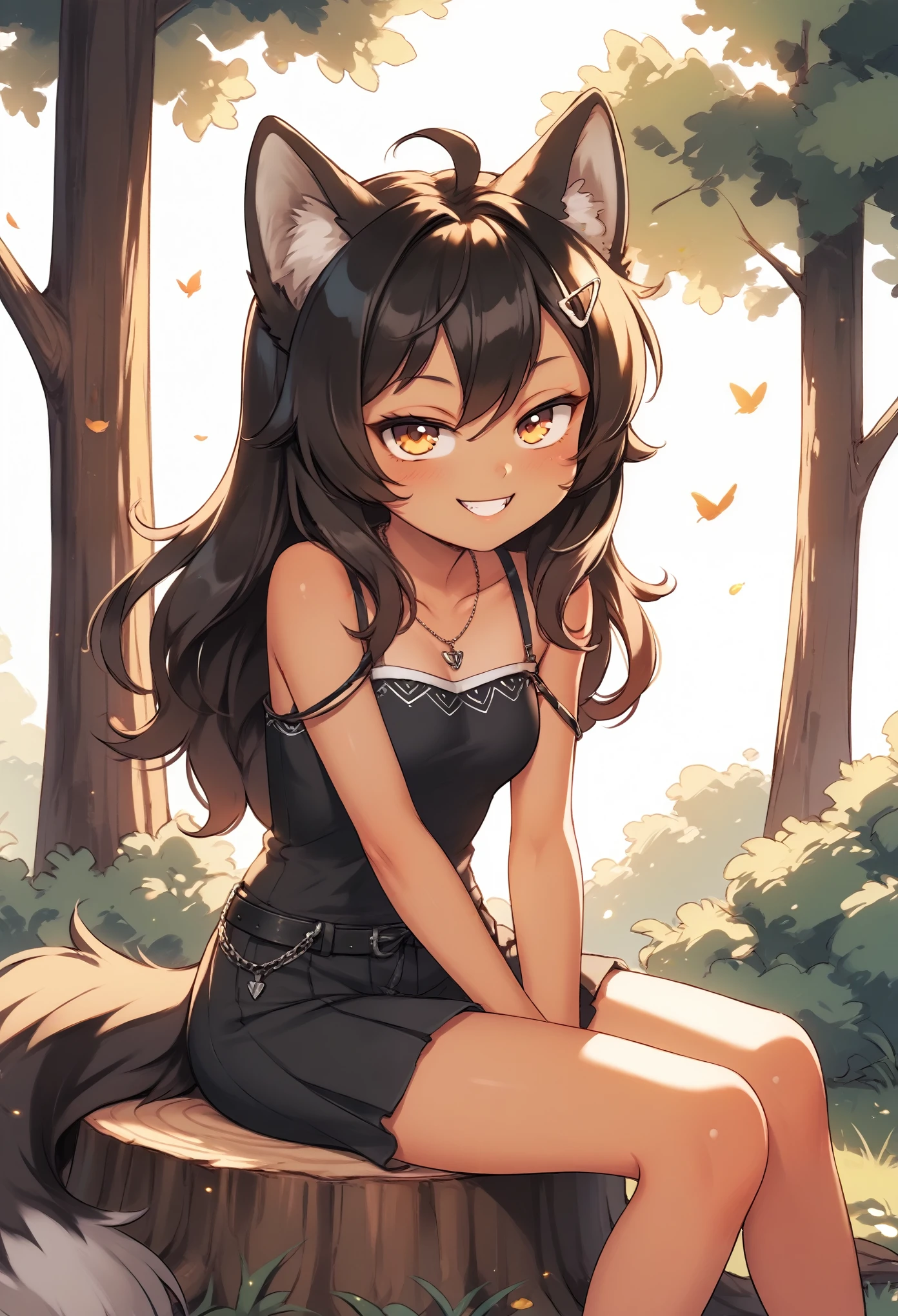 1girl,  animal ears, animal_humanoid, canid_humanoid, fox_humanoid, wolf ears, wolf girl, small breasts, wolf tail, , BREAK
sitting, looking at viewer, (half-closed eyes), seductive smile, BREAK
day, bare tree, outdoors, tree, tree stump, BREAK
score_9, score_8_up, score_7_up, score_6_up, 