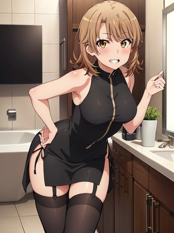 ((masutepiece, Best Quality, hight resolution, nffsw, Perfect Pixel, depth of fields, 4K, 1girl in, Solo, , Beautiful anime girl, Beautiful Art Style, 
standing:1.3, bathroom background, Looking at viewer. 
Perfect body, smug face, show teeth, tilted forward:1.5, hands behind back:1.5,

isshiki iroha, large breasts, Full face blush, black stockings, black dress,
straight on:1.3, medium shot