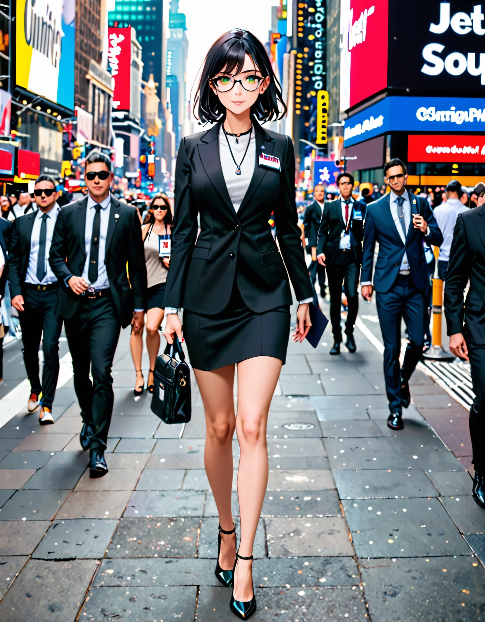 (masterpiece), (best quality), (high res), 1lady, tall body, beautiful detailed eyes, beautiful detailed face, glasses, confident look, perfect hands, complete fingers, perfect anatomy, perfect proportions, ((jet black hair, medium hair)), ((green eyes)), ((black suit and tie, reporter's id card necklace)), (white shirt), ((bare legs)), ((shoes, matching shoes, high heels)), breasts, medium breasts, (full body portrait), looking at viewer, walking, casual, solo, solo focus, cowboy shot, new york times square backdrop, full body costume design.