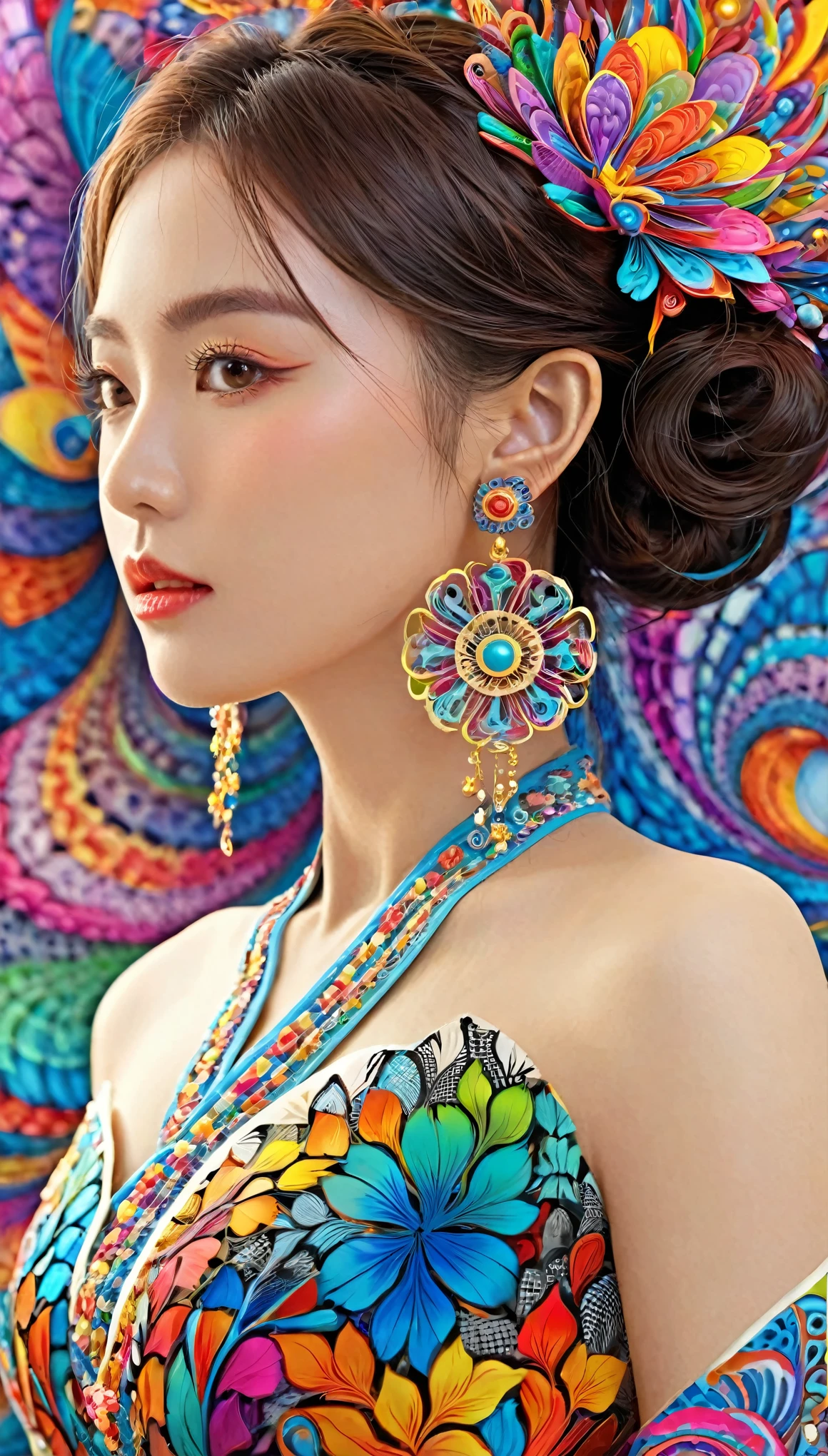(masterpiece, top quality, best quality, official art, Beautiful and beautiful:1.2), (1 Girl:1.3), Extremely detailed,(Fractal Art:1.1),(rich and colorful:1.1),The most detailed,(Zentangle:1.2), (Dynamic poses), (Abstract Background:1.5), (Japanese dress:1.2), (Glowing skin), (Many colors:1.4), ,(earrings:1.4),