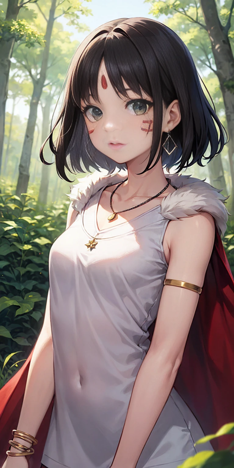 1sologirl, ghibli style, \(mononoke hime\) armlet, bangs, black hair, black undershirt, breasts, cape, circlet, earrings, face paint, floating hair, forest, fur cape, green eyes, jewelry, looking at viewer, medium breasts, nature, necklace, outdoors, parted bangs, shirt, short hair, sleeveless, sleeveless shirt, solo, tooth necklace, tree, upper body, white shirt ((masterpiece))