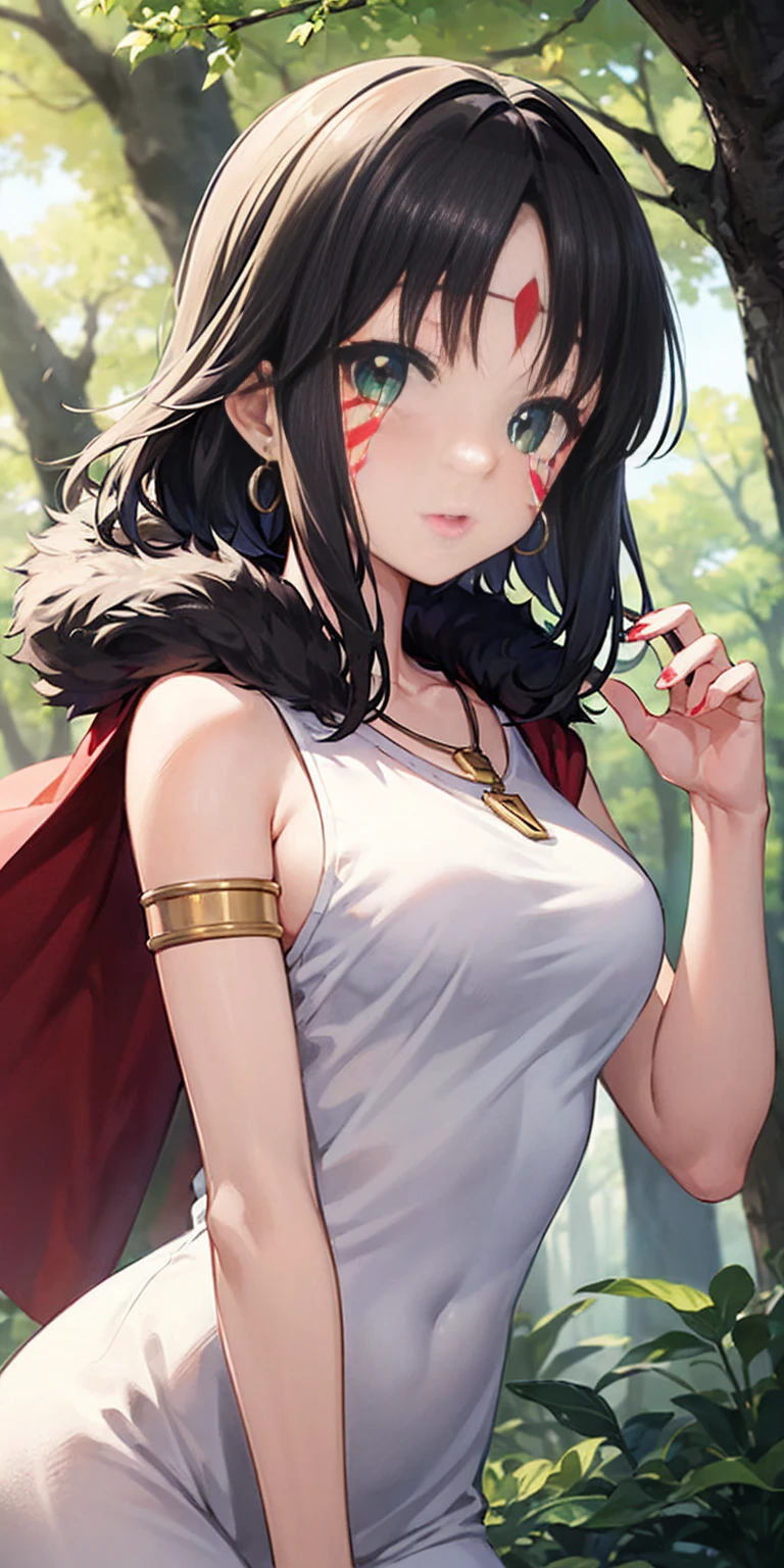 1sologirl, ghibli style, \(mononoke hime\) armlet, bangs, black hair, black undershirt, breasts, cape, circlet, earrings, face paint, floating hair, forest, fur cape, green eyes, jewelry, looking at viewer, medium breasts, nature, necklace, outdoors, parted bangs, shirt, short hair, sleeveless, sleeveless shirt, solo, tooth necklace, tree, upper body, white shirt ((masterpiece))