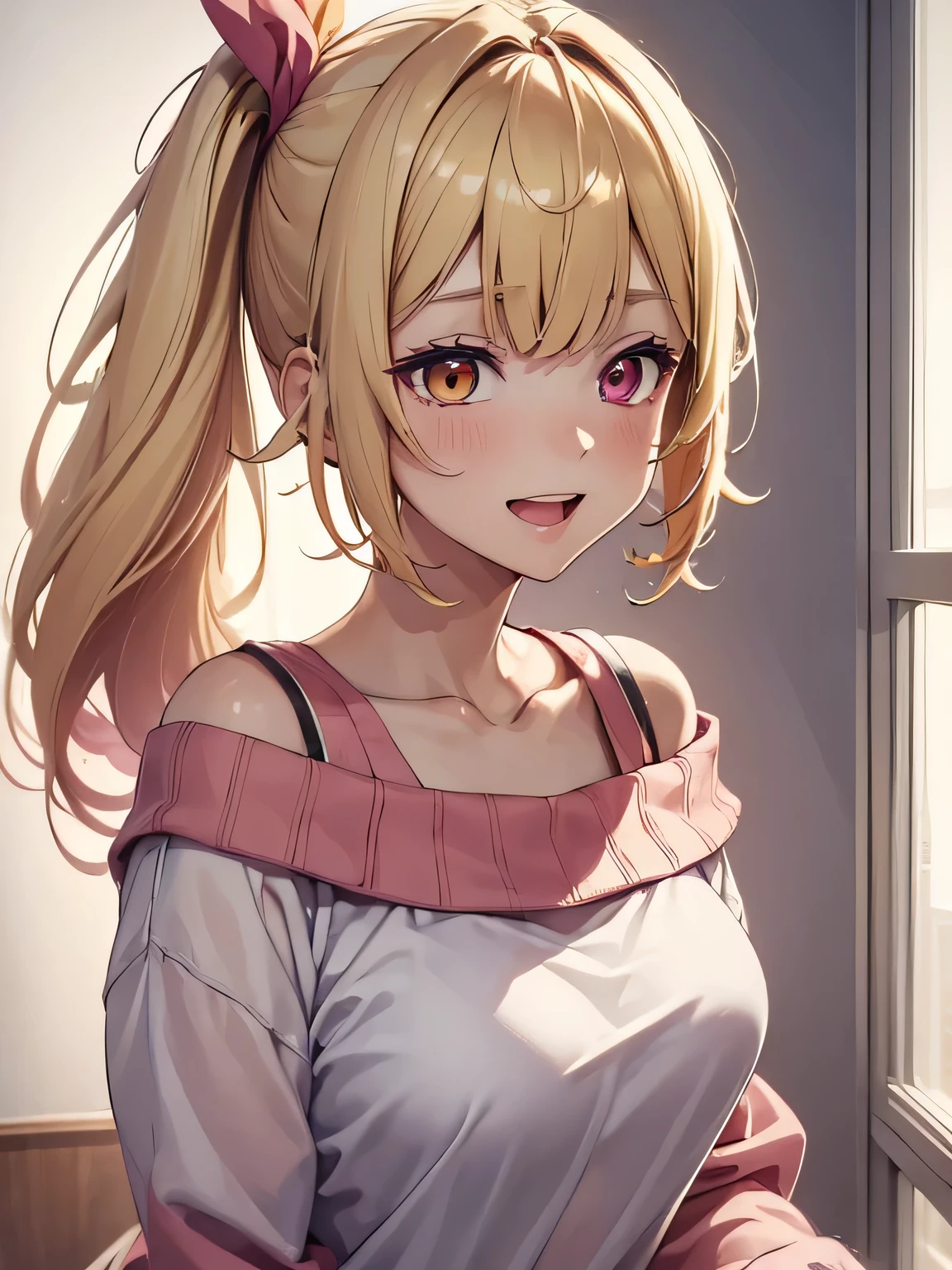 (masterpiece, best quality:1.4), 8k, Close Up side ponytail Hair, Hair Ties, Young adult, anime girl, laughing, Teasing, light Red and Light Yellow different Eye Colours, Medium chest, oversized Pink Sweater, Exposed Shoulders, (detailed eyes and face, sharp pupils, realistic pupils:0.6)