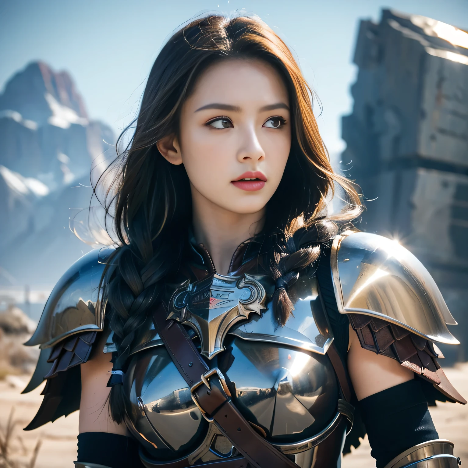 Busty Brunette, Powerful Warrior, Masterpiece, Best Quality, Realistic, Hyperrealistic, 16k HDR, Photorealistic, Cinematic, Barbaric Armor, Shoulder View, 25yo, Brunette, Long Braided Hair, Large Breasts, Side View, Warrior Pose, Detailed Armor, Torso Focus, Armor Detail, Battle-Worn, Imposing Presence, Dark and Moody Scene, Solo Woman, Portrait View, Detailed Facial Features, Expressive Eyes, Rough Textured Armor, (Metal Reflecting Light:1.2), (Weather