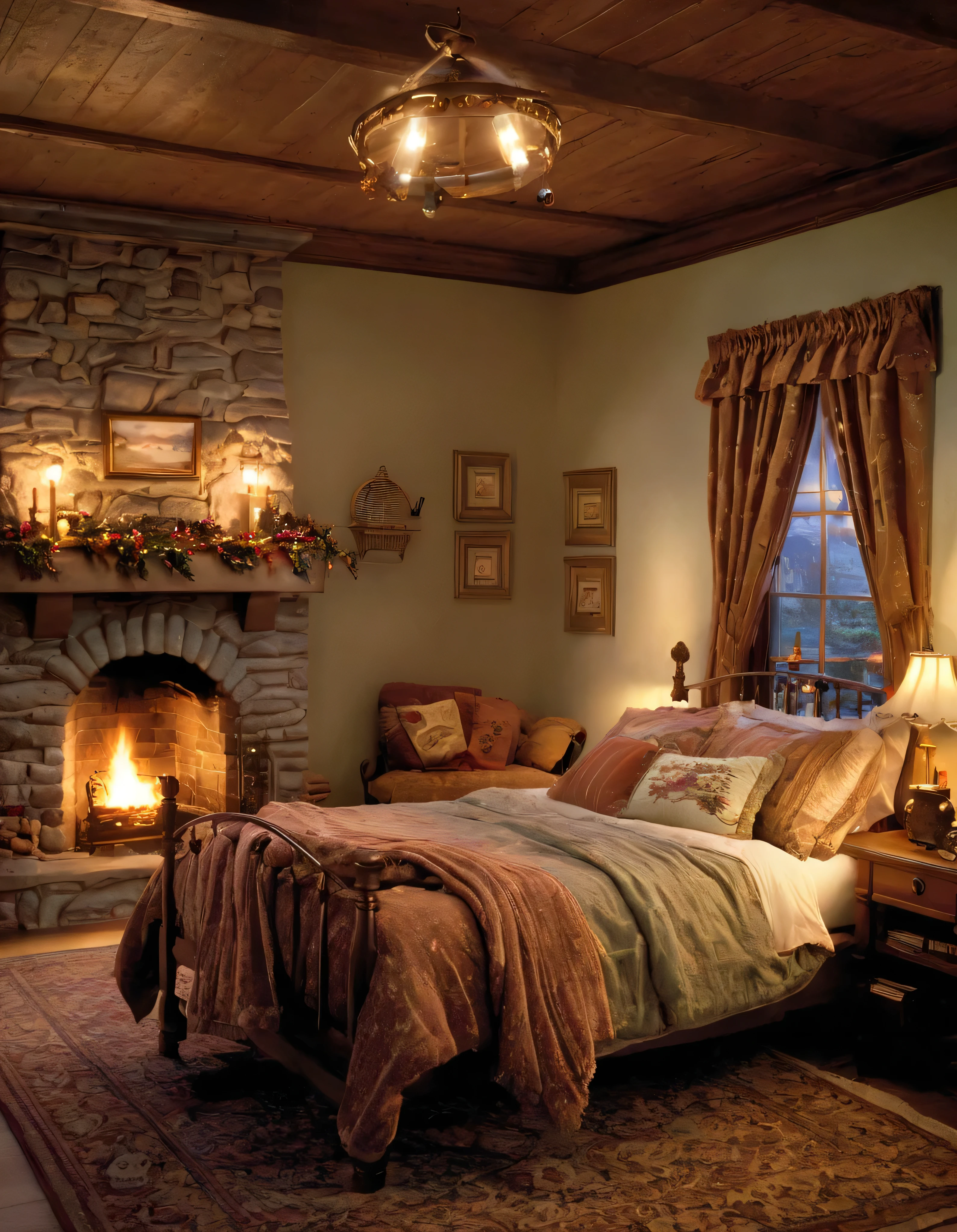 arafed bedroom with a fireplace and a bed with a blanket, thomas kinkade. cute cozy room, cozy and calm, cozy setting, very cozy, cozy wallpaper, cozy room, cozy place, cozy and peaceful atmosphere, cosy enchanted scene, cozy candlelight, cozy environment, cozy bed, soothing and cozy landscape, cozy atmosphere, cosy fireplace