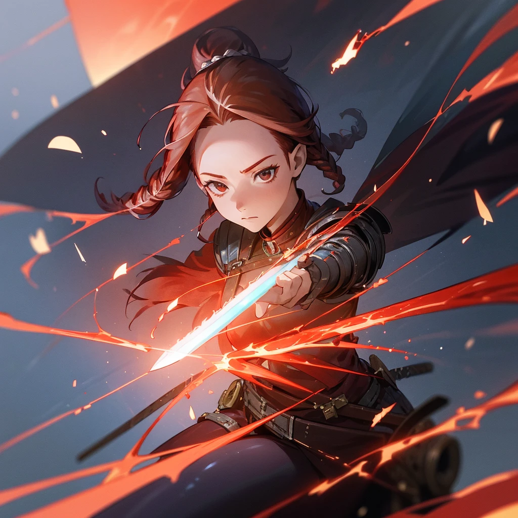One woman, (magical female warrior), braided hairstyle (red hair: 1.8), break, light armor, wearing a sword, harness, leggings, deep picture, over quality, high quality, sword with particle effects Please make it shine blue, dignified, dignified, with an extremely beautiful face, a meteorite falling in the background, a castle destroyed by a meteorite