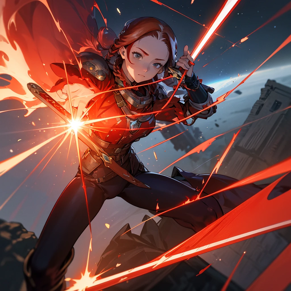 One woman, (magical female warrior), braided hairstyle (red hair: 1.8), break, light armor, wearing a sword, harness, leggings, deep picture, over quality, high quality, sword with particle effects Please make it shine blue, dignified, dignified, with an extremely beautiful face, a meteorite falling in the background, a castle destroyed by a meteorite