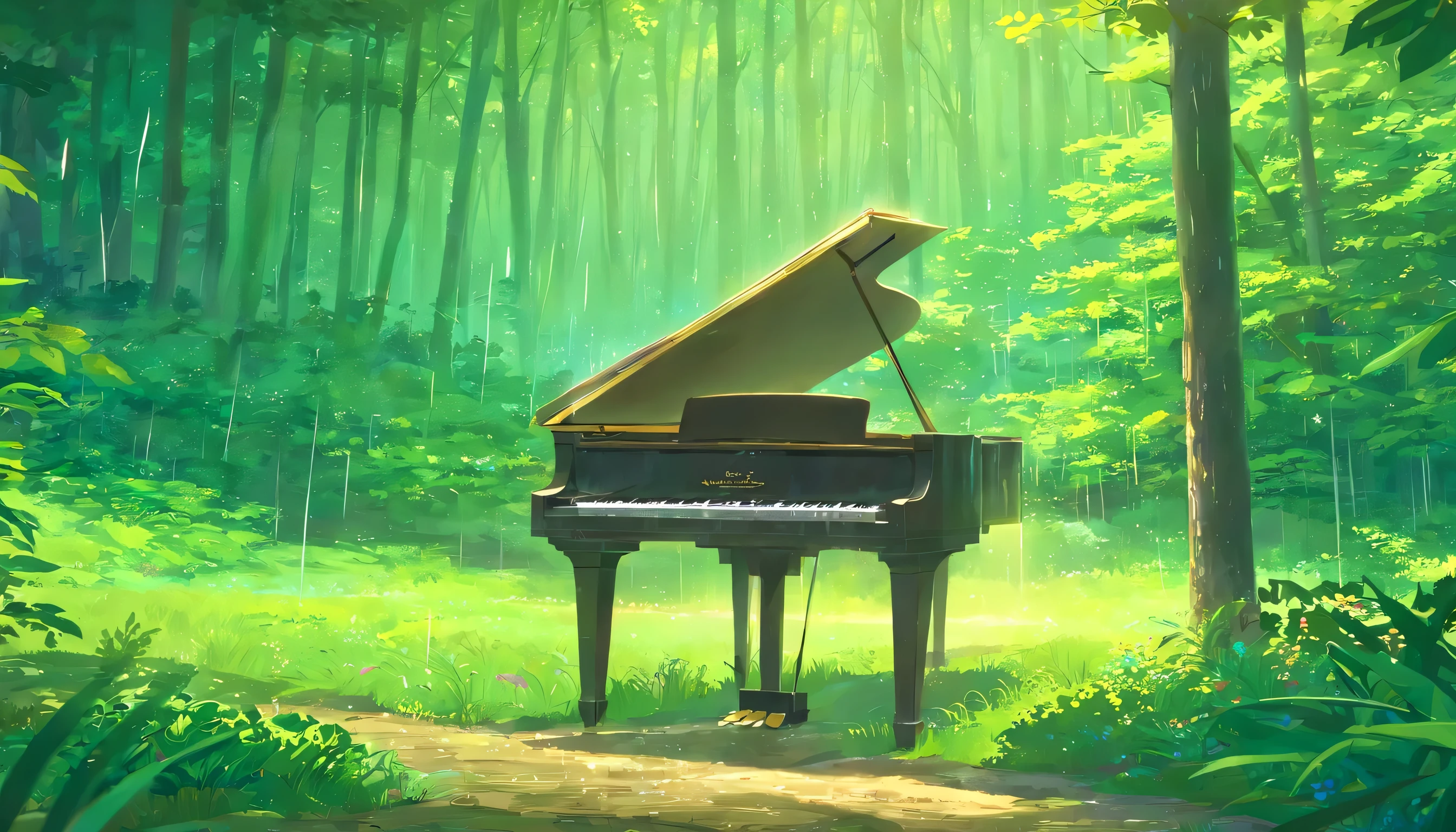 A piano in the middle of the woods near a river、In the forest of fresh greenery、The rain is falling