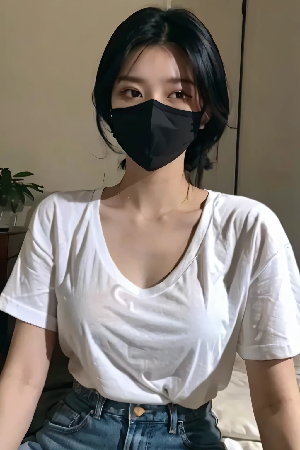 beautifully、aesthetic, girl, White T-shirt, Black Hair, Face masks