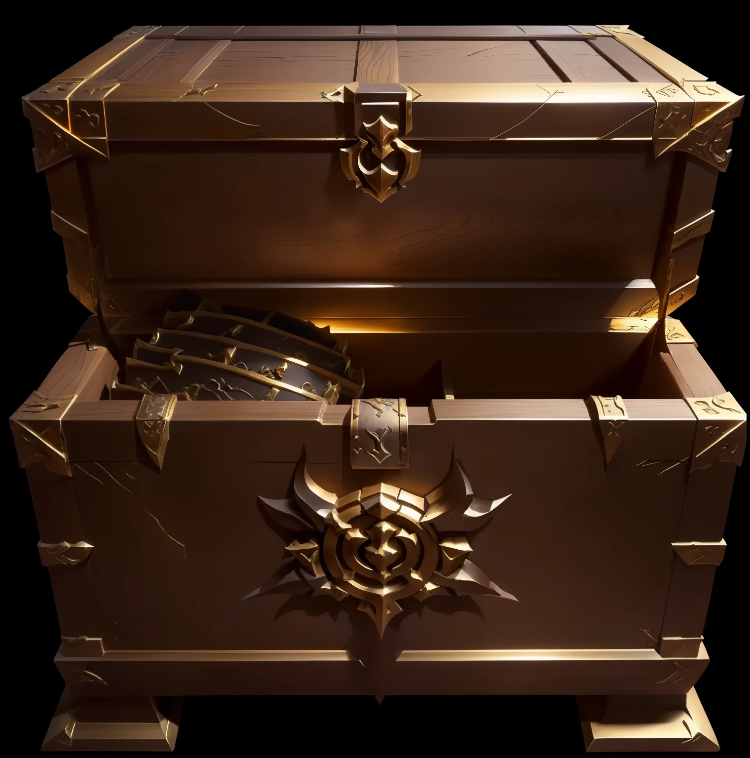 Open chests,Wooden treasure chest with metal edges,Gorgeous chests,Beautiful silhouette,Golden chests,Metallic luster,Man-made production, Object Art, Hell Relics, League of Legends Inventory Items, Role Playing Game Items, Diablo style,
