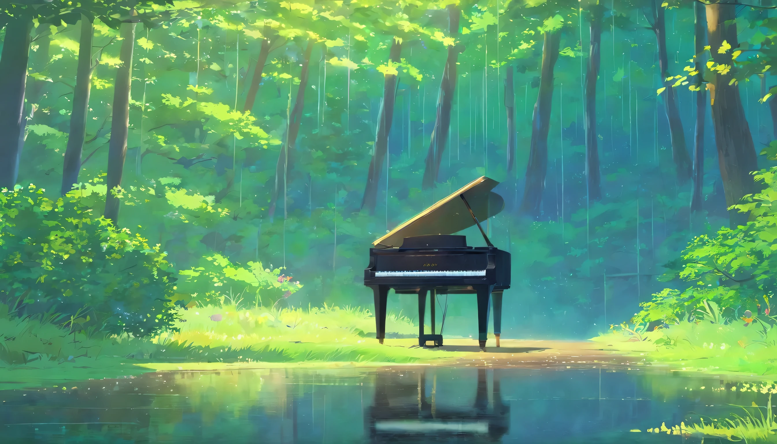 A piano in the middle of the woods near a river、In the forest of fresh greenery、The rain is falling