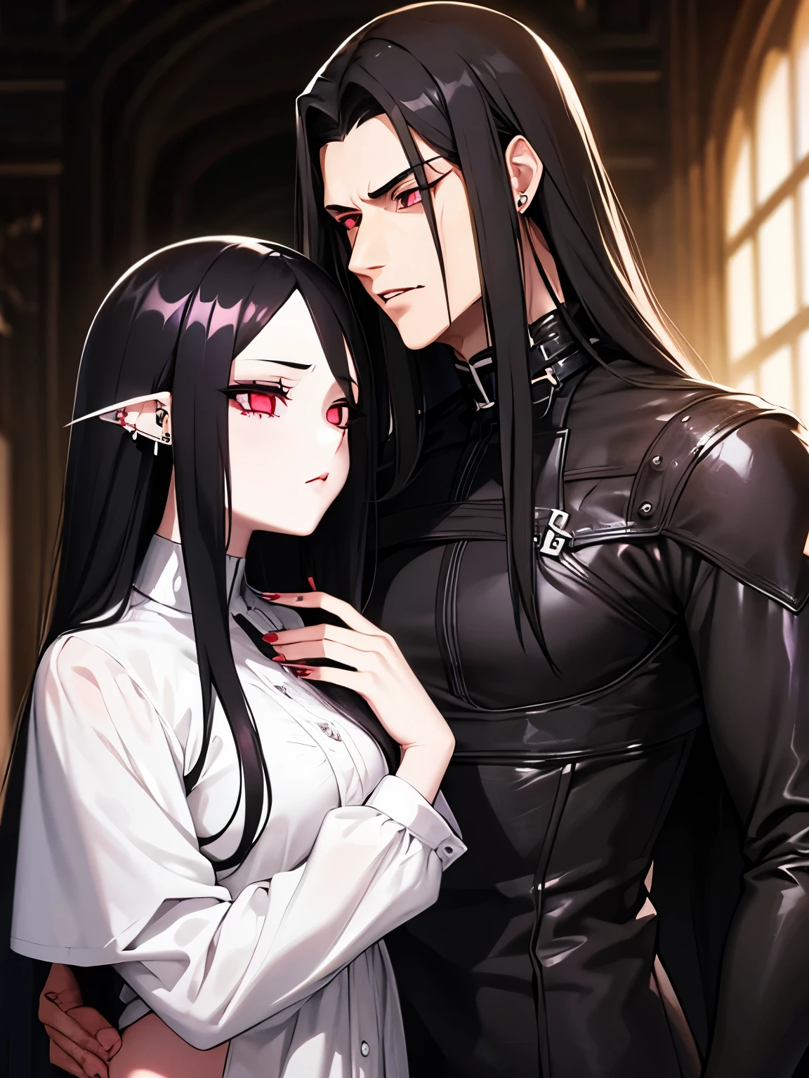 girl with long black hair light skin bridge piercing metalhead man long black hair light skin vampire couple