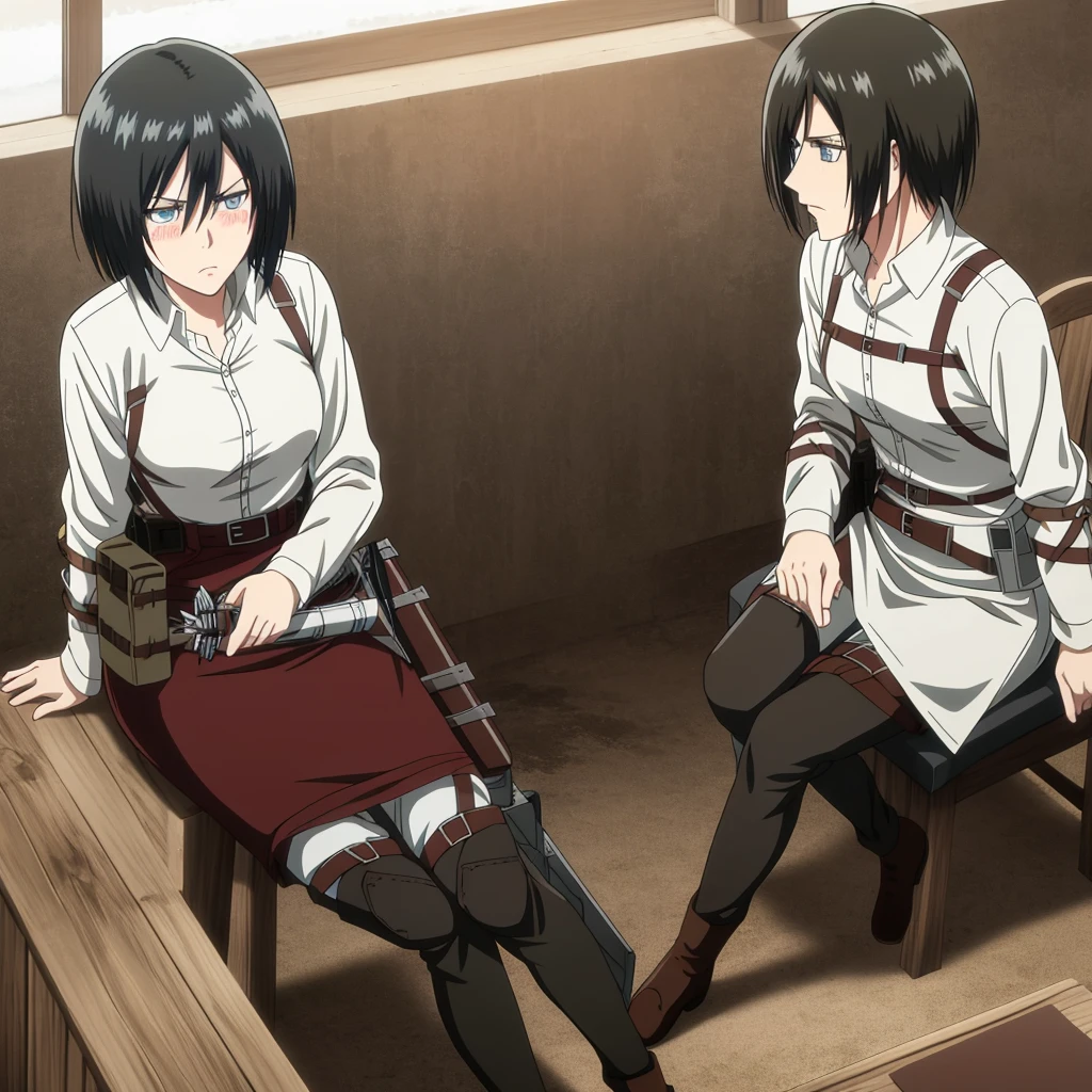 Mikasa Ackerman, Attack on Titan, 1 female, asymmetrical hairstyle, black hair, blue eyes, blushing, piercing gaze, sharp features, snow-white skin, serious expression, scar on the back of the left elbow, military uniform, high collar, belt, utility pouches, holstered sword, indoors, candlelit room, dimly lit, autumn scenery outside the window, sitting on a chair, legs crossed, hand resting on the knee, short sleeves revealing arm muscles.